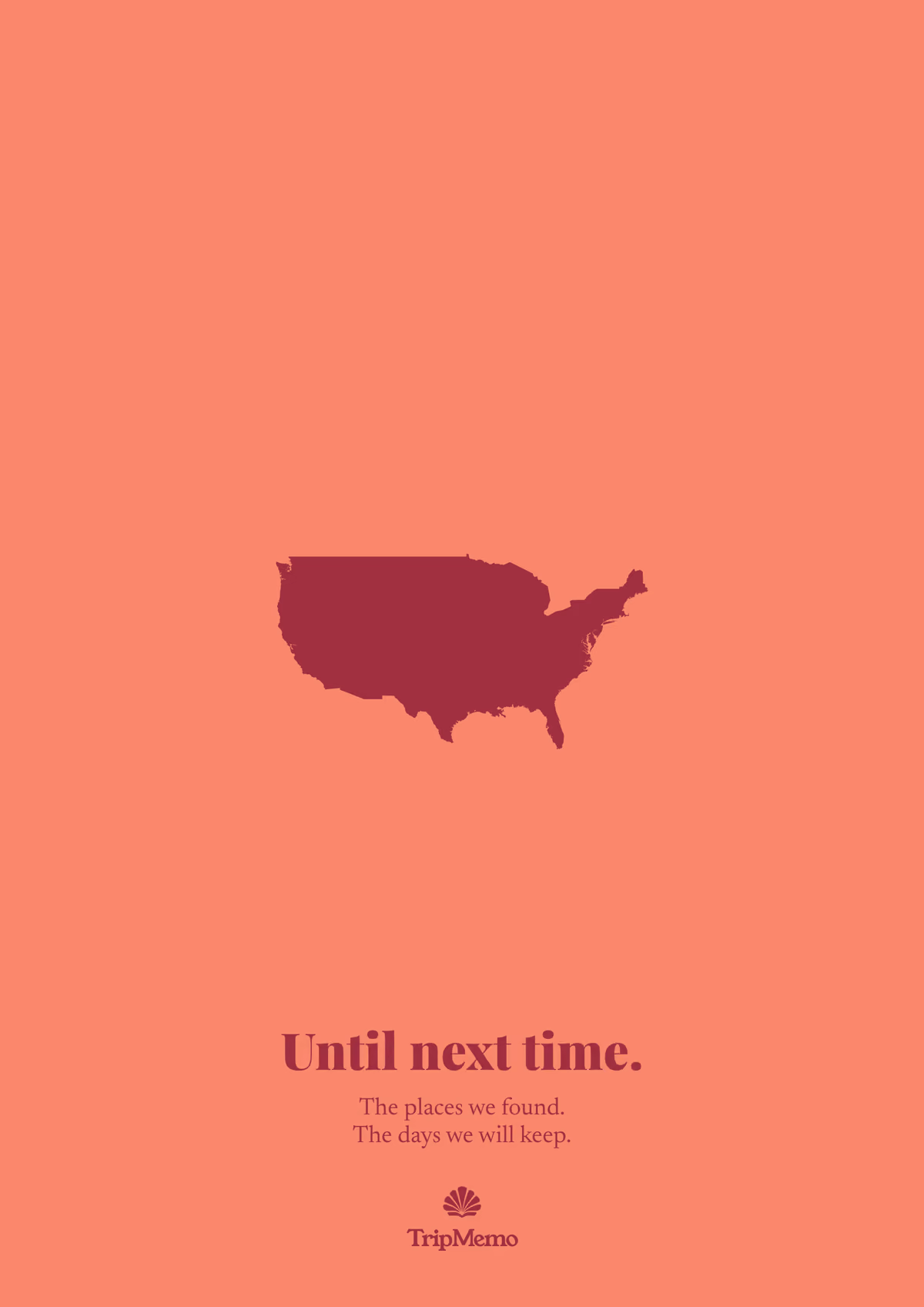 Back of the Massachusetts photo book: an outline of the United States above the words "Until next time." and the TripMemo mark