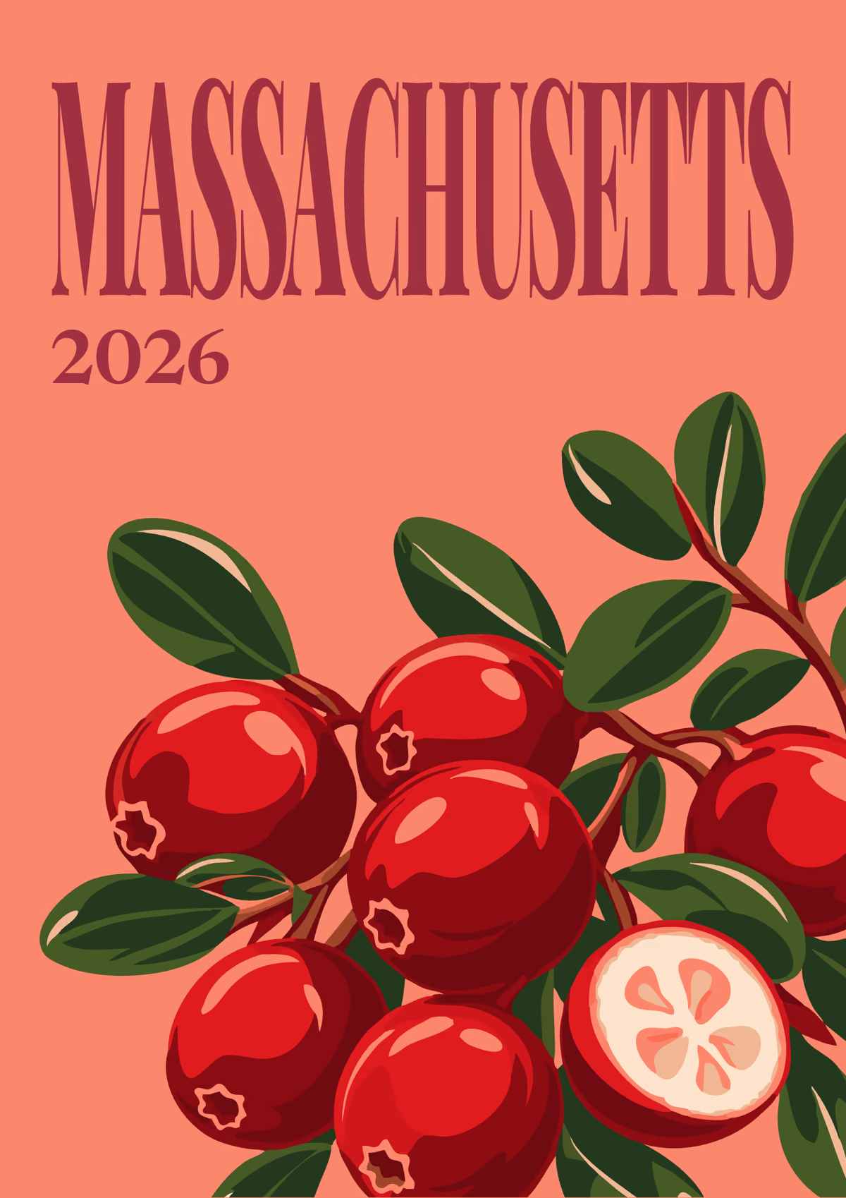Massachusetts illustrated travel photo book cover with cranberries on coral
