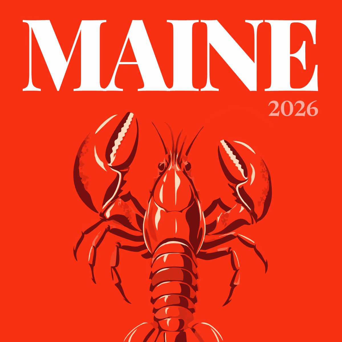 Maine illustrated square photo book cover with a red lobster on red