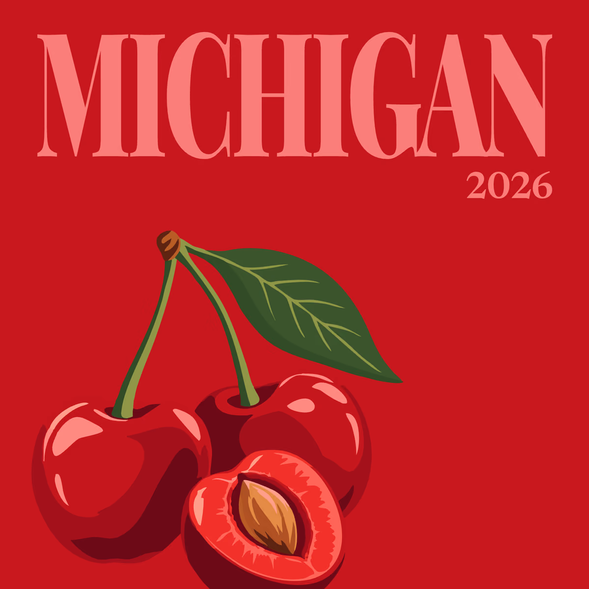 Michigan illustrated square photo book cover with cherries on red