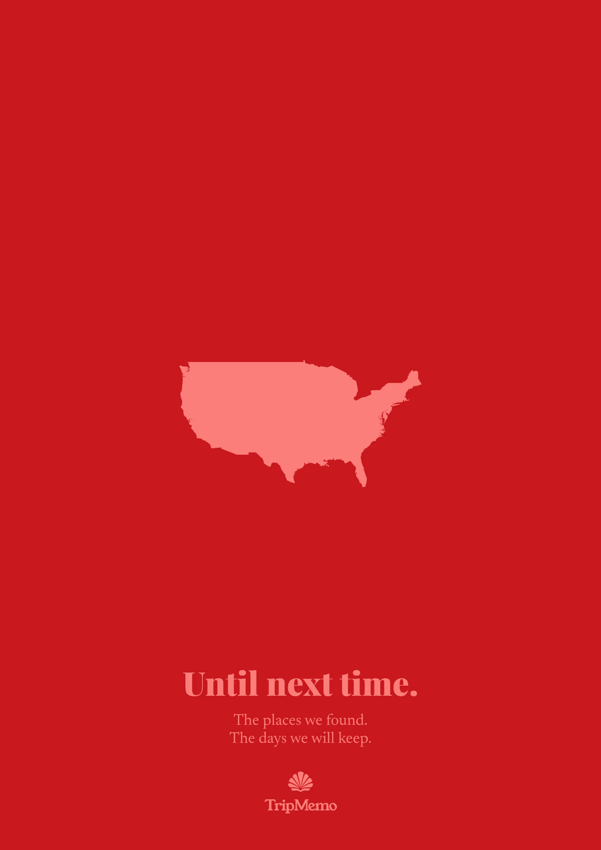 Back of the Michigan photo book: an outline of the United States above the words "Until next time." and the TripMemo mark