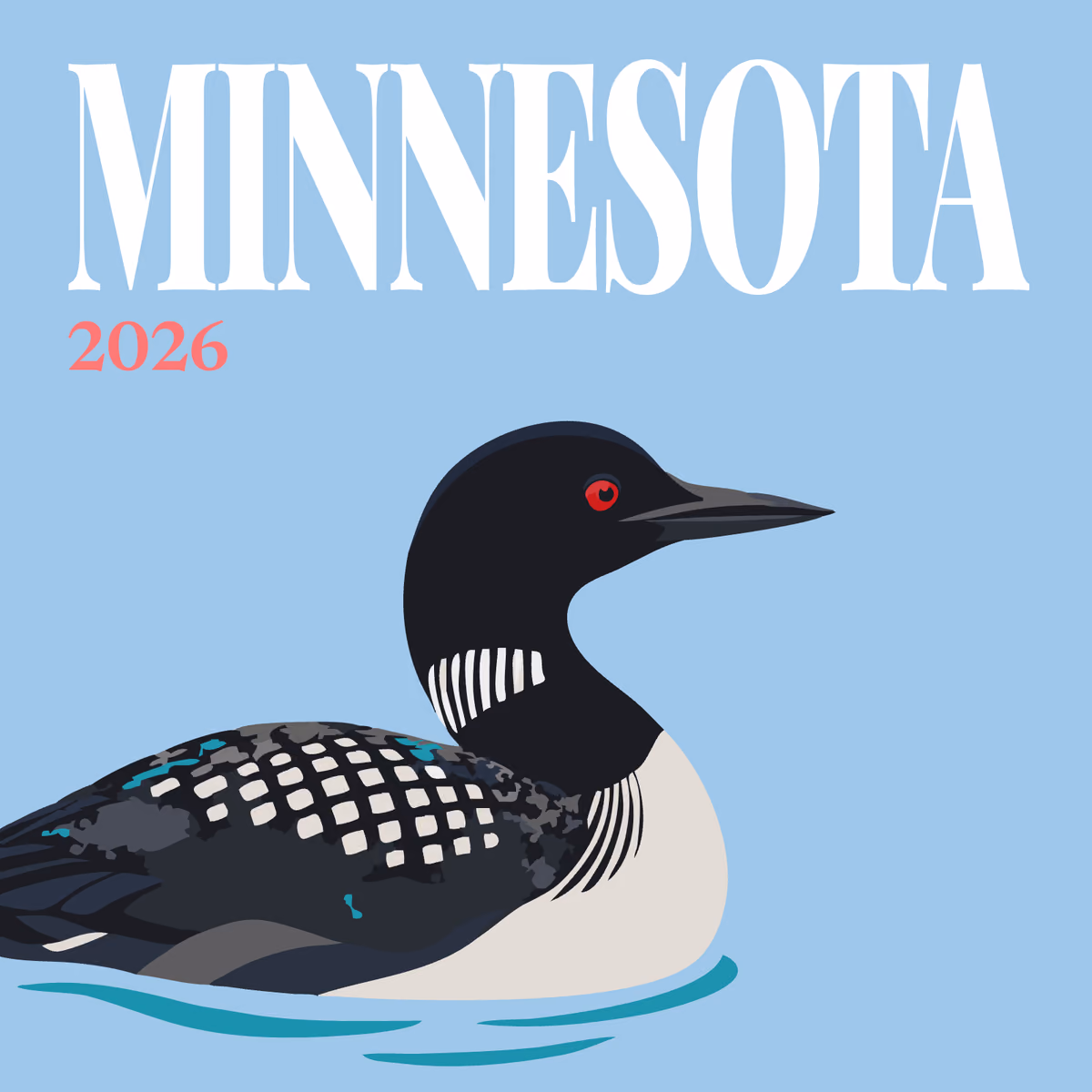Minnesota illustrated square photo book cover with a loon on the water on pale blue