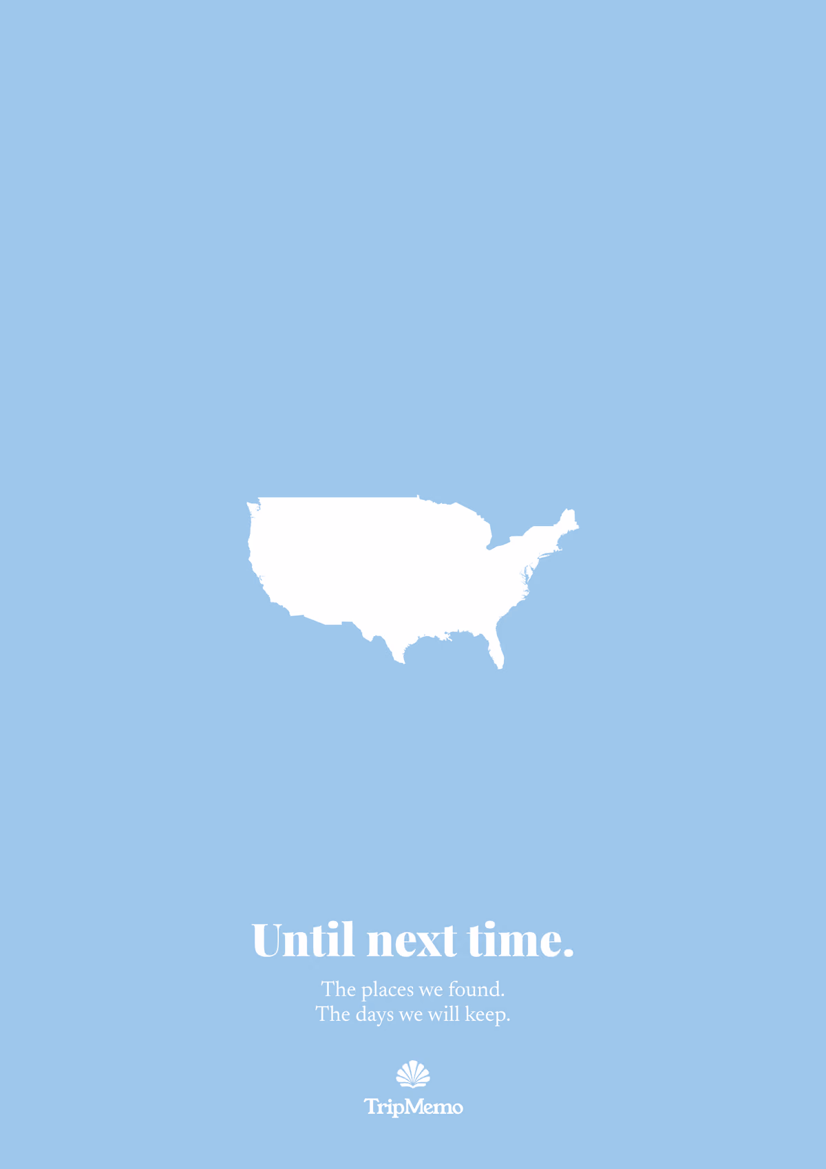 Back of the Minnesota photo book: an outline of the United States above the words "Until next time." and the TripMemo mark