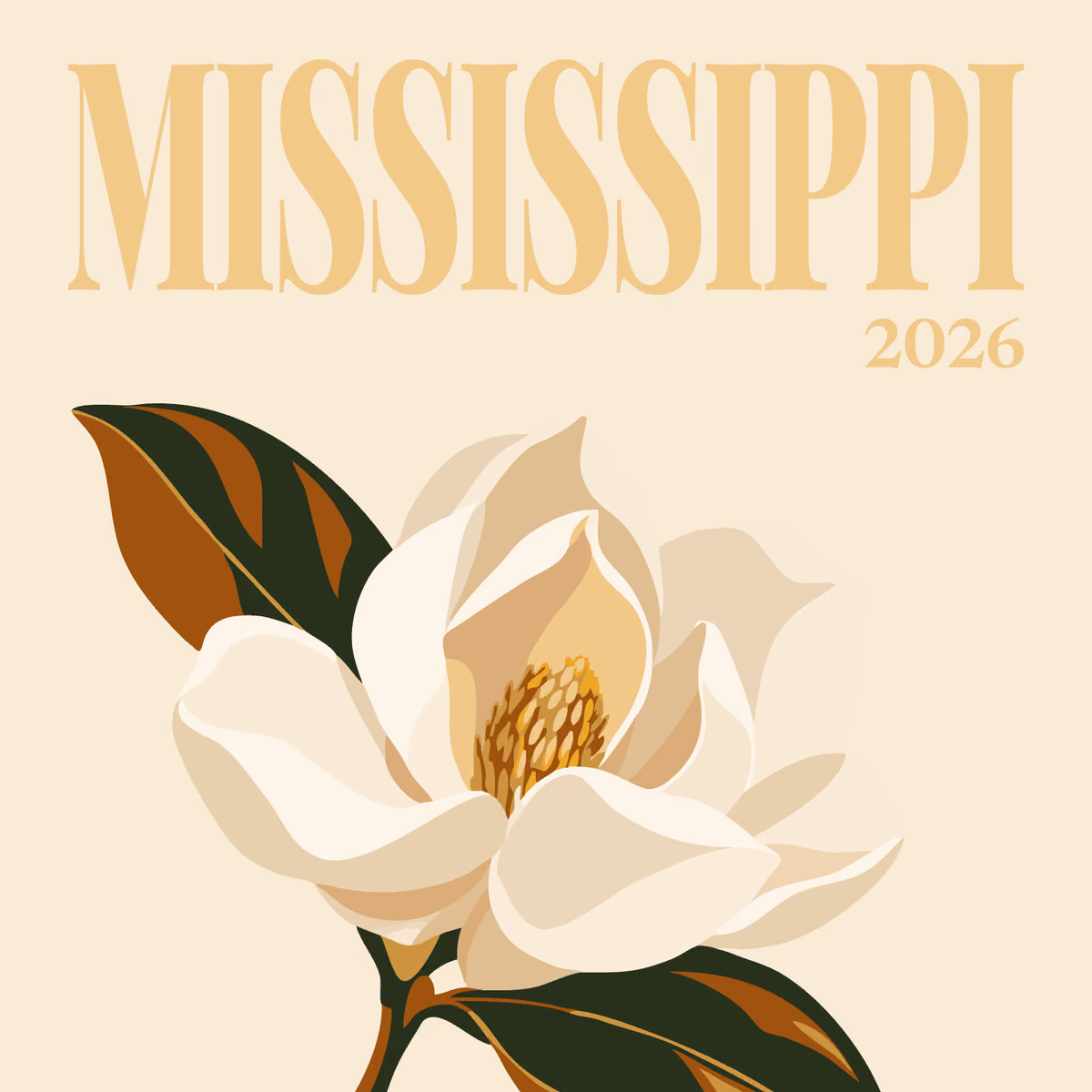 Mississippi illustrated square photo book cover with a white magnolia flower on cream