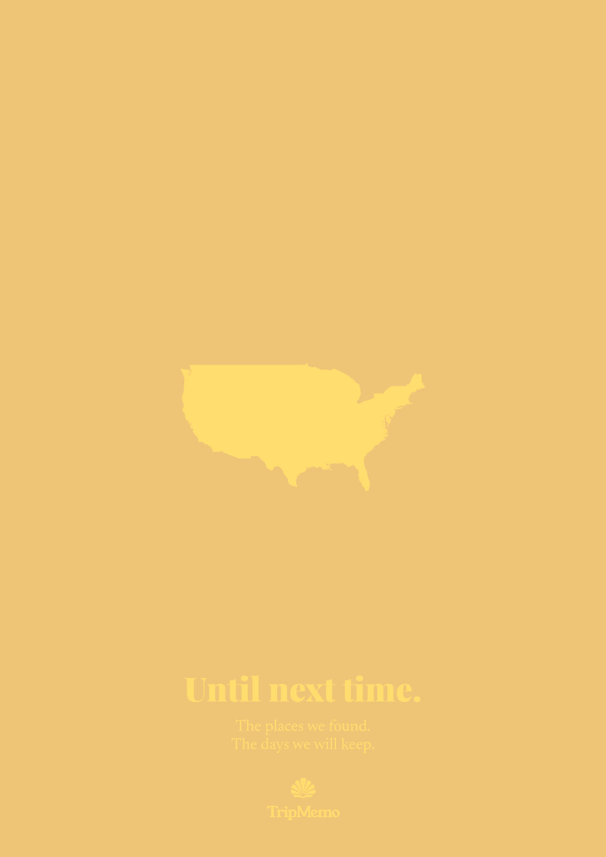 Back of the North Dakota photo book: an outline of the United States above the words "Until next time." and the TripMemo mark