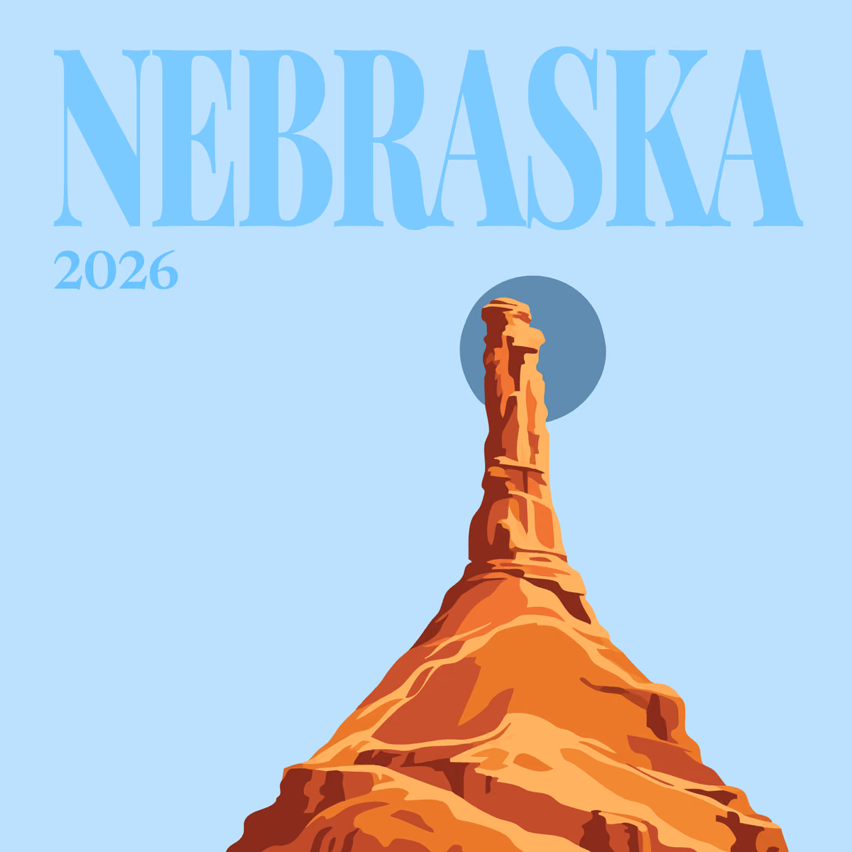 Nebraska illustrated square photo book cover with a sandstone rock spire on pale blue