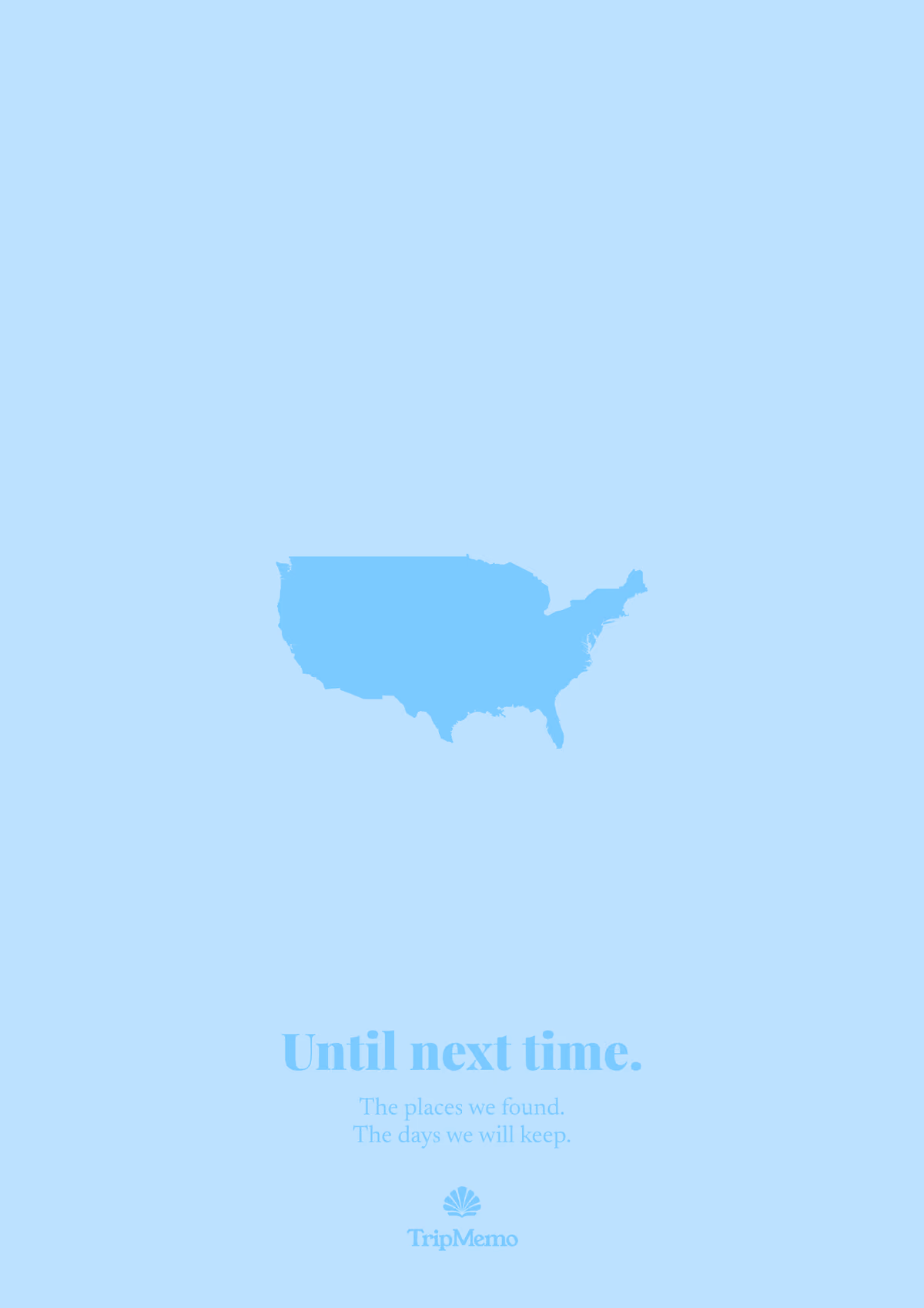 Back of the Nebraska photo book: an outline of the United States above the words "Until next time." and the TripMemo mark