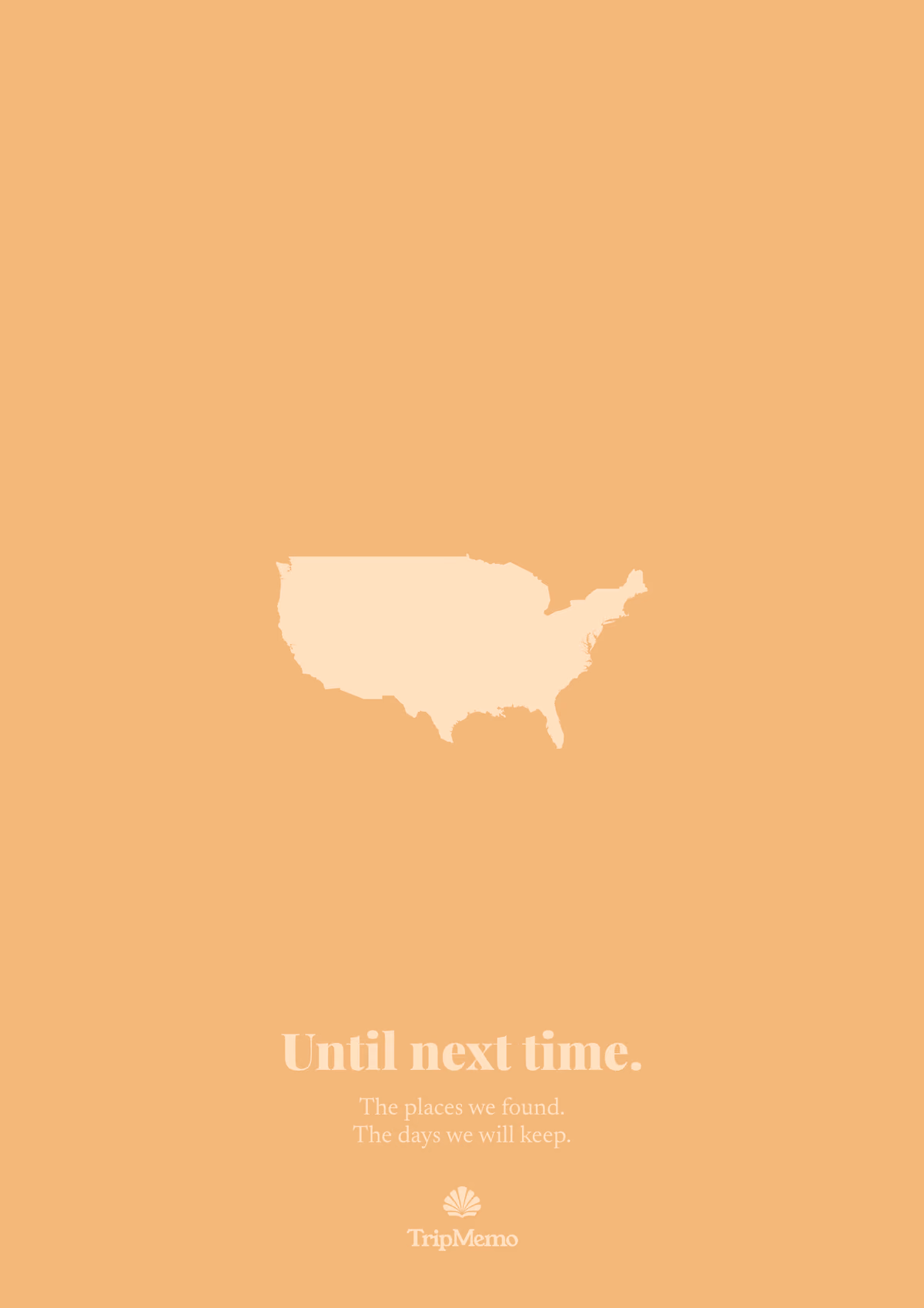 Back of the New Hampshire photo book: an outline of the United States above the words "Until next time." and the TripMemo mark