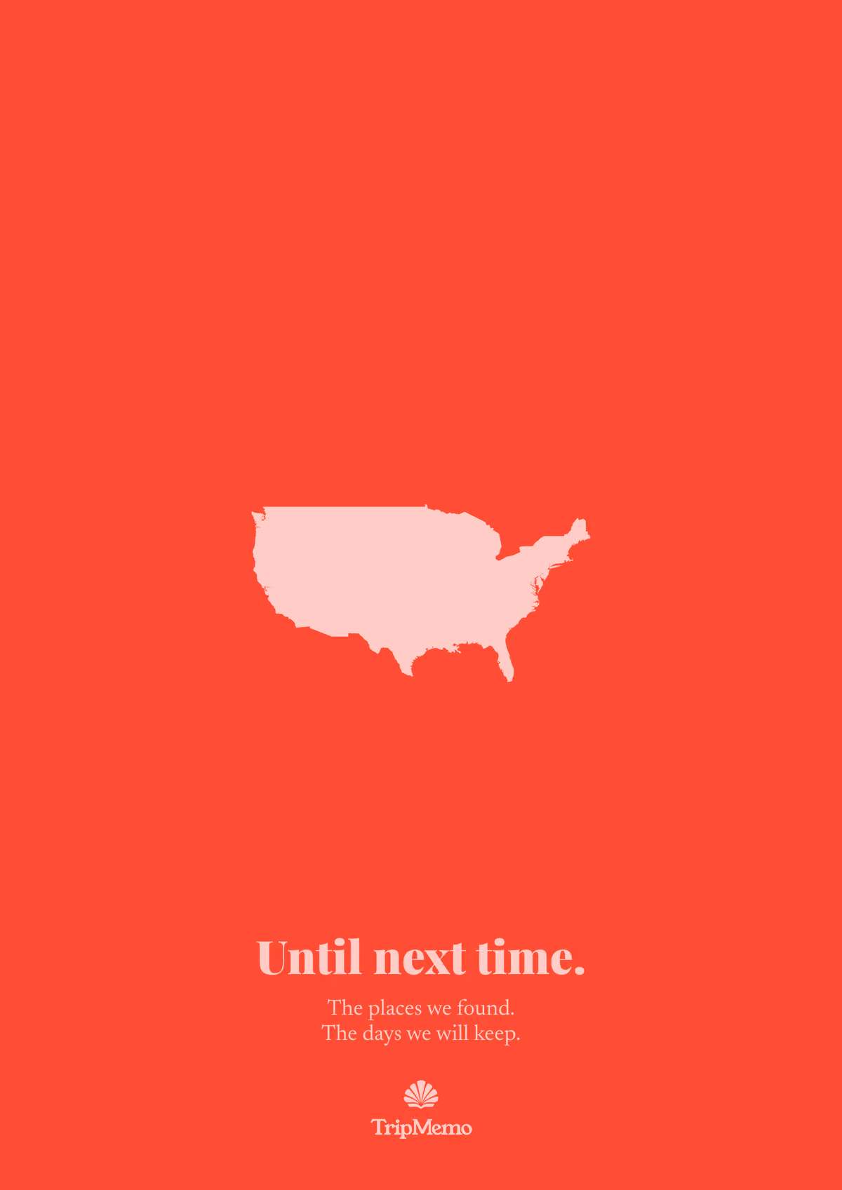 Back of the New Jersey photo book: an outline of the United States above the words "Until next time." and the TripMemo mark