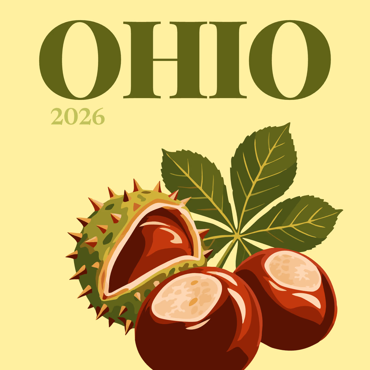 Ohio illustrated square photo book cover with buckeye nuts and leaves on yellow