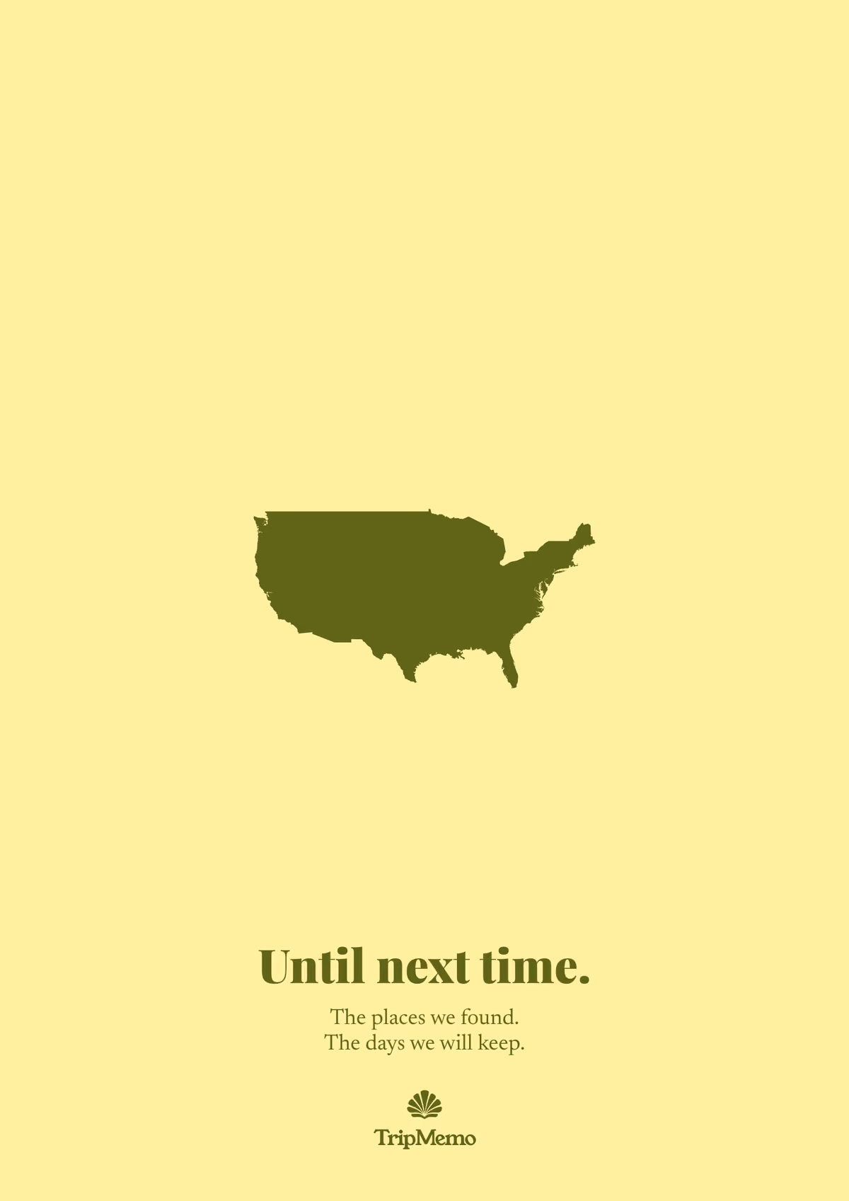 Back of the Ohio photo book: an outline of the United States above the words "Until next time." and the TripMemo mark