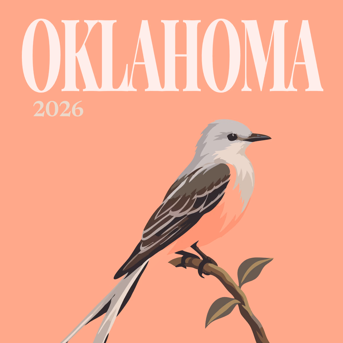 Oklahoma illustrated square photo book cover with a scissor-tailed flycatcher on salmon pink