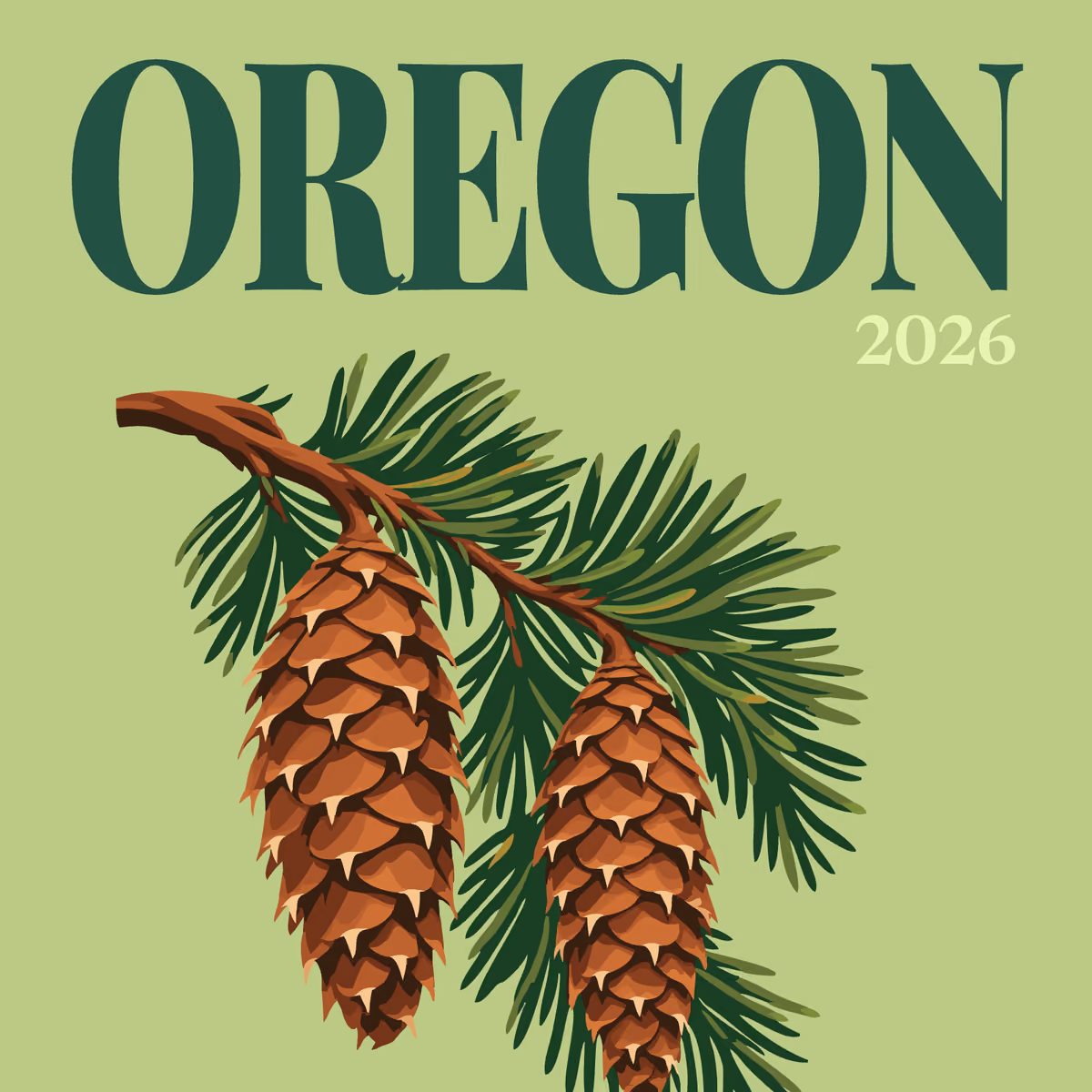 Oregon illustrated square photo book cover with pine cones on a branch on green