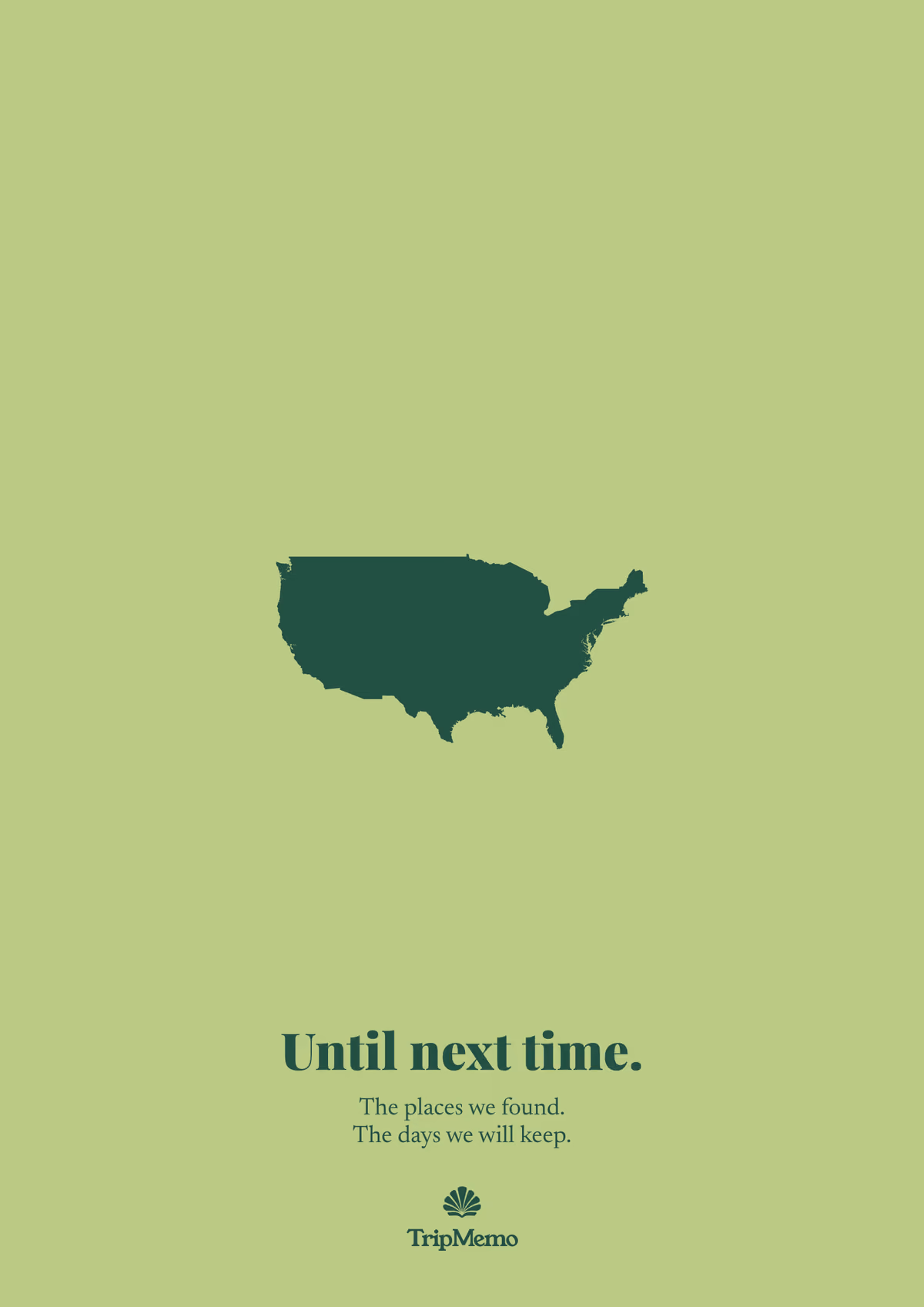 Back of the Oregon photo book: an outline of the United States above the words "Until next time." and the TripMemo mark