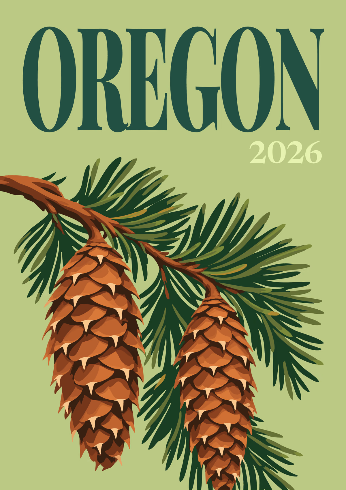Oregon illustrated travel photo book cover with pine cones on a branch on green