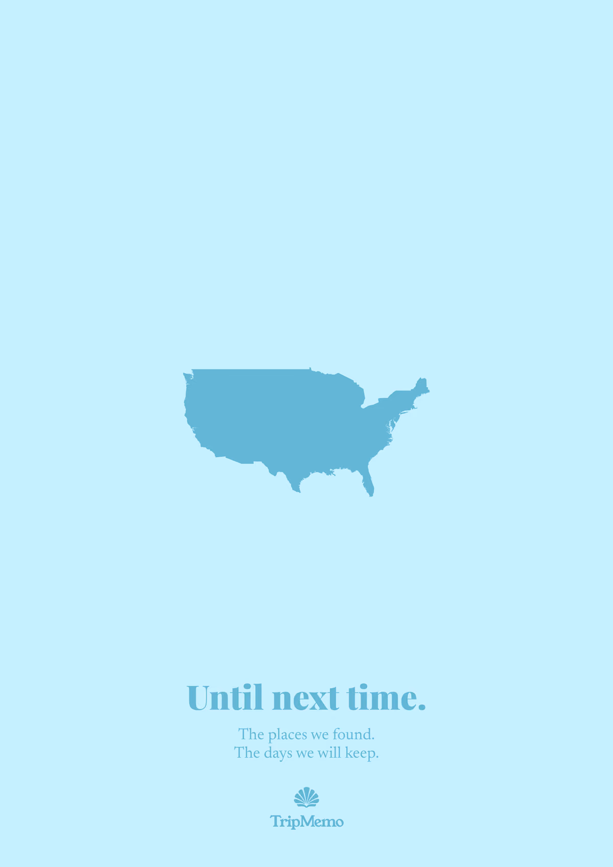 Back of the Rhode Island photo book: an outline of the United States above the words "Until next time." and the TripMemo mark