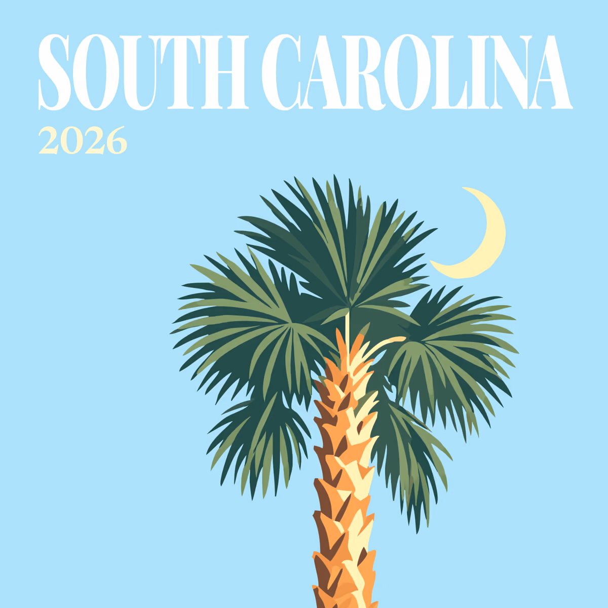 South Carolina illustrated square photo book cover with a palmetto tree and a crescent moon on blue