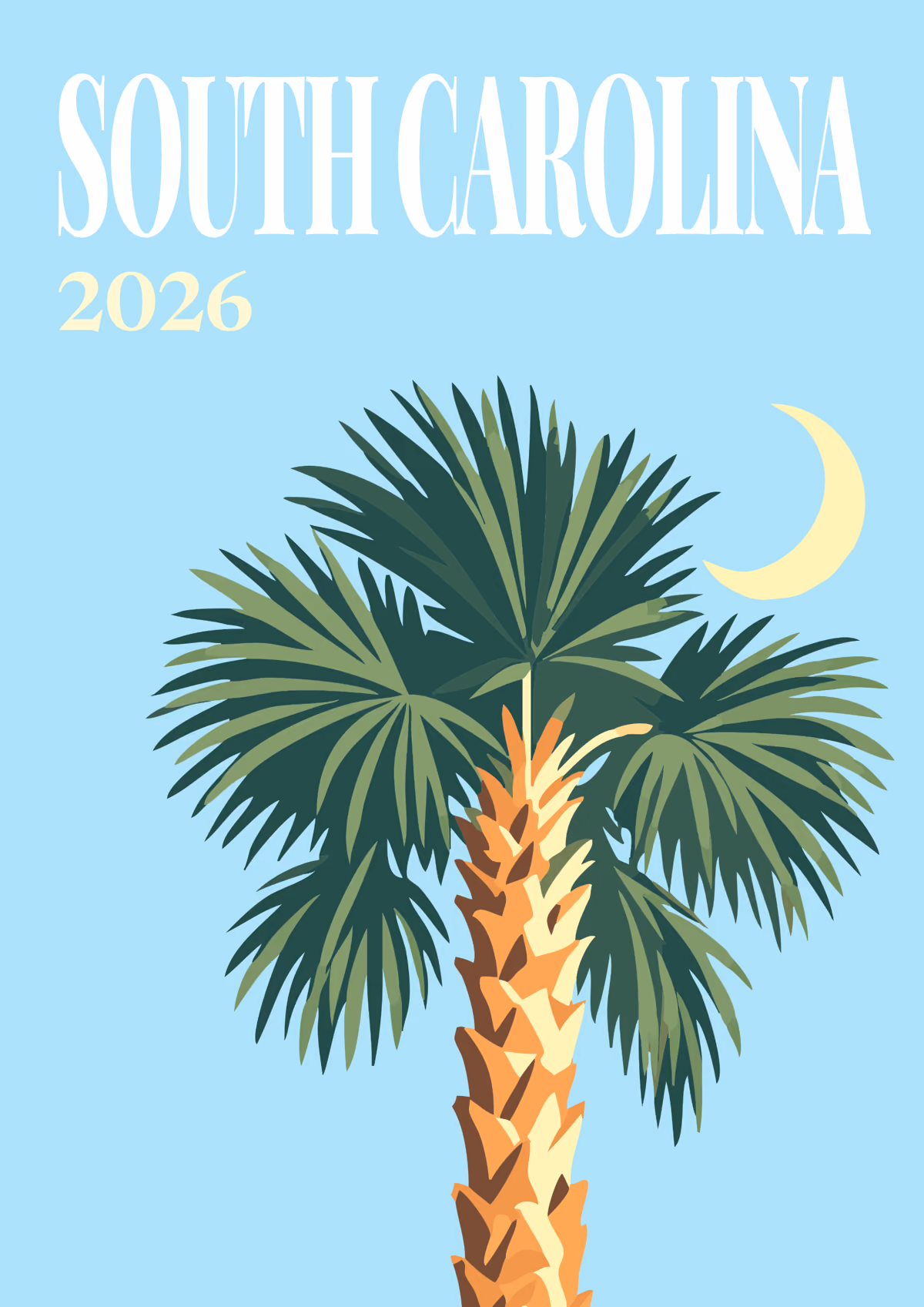 South Carolina illustrated travel photo book cover with a palmetto tree and a crescent moon on blue