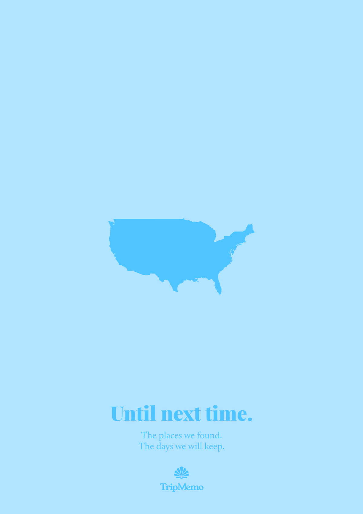 Back of the Utah photo book: an outline of the United States above the words "Until next time." and the TripMemo mark