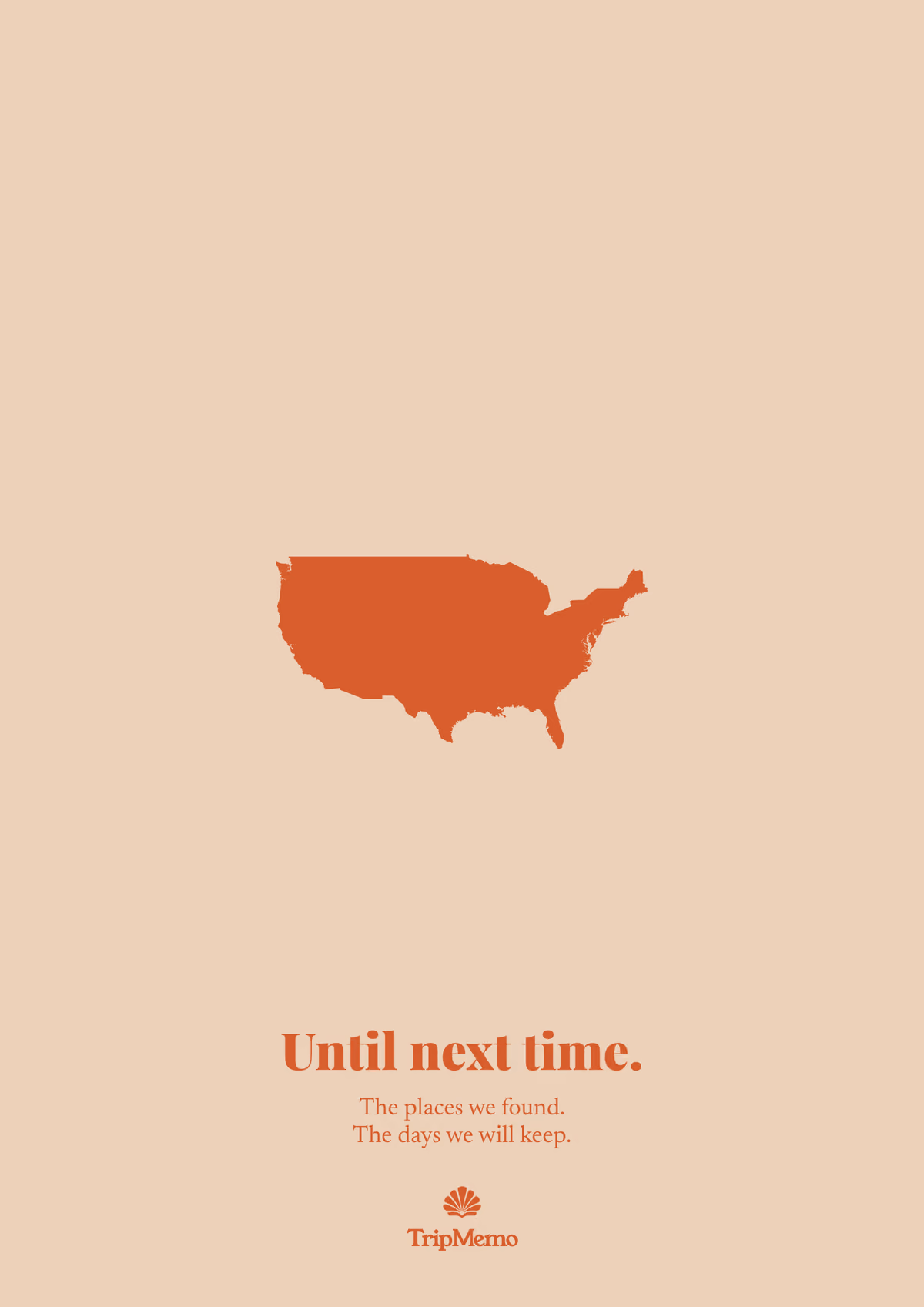 Back of the Virginia photo book: an outline of the United States above the words "Until next time." and the TripMemo mark