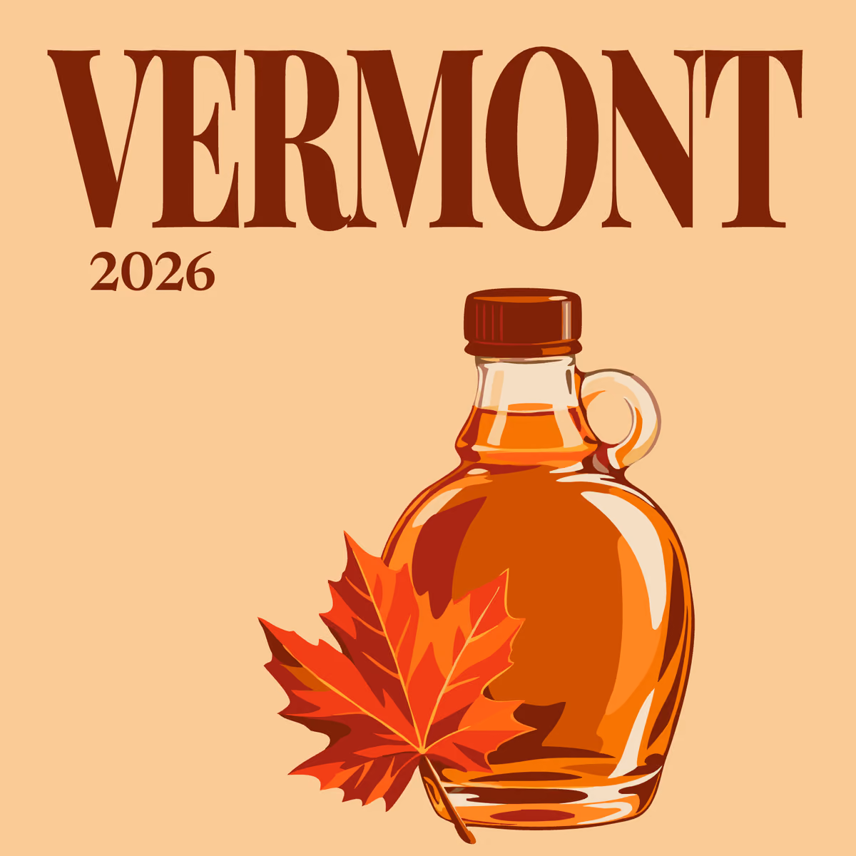 Vermont illustrated square photo book cover with a jug of maple syrup and a maple leaf on tan
