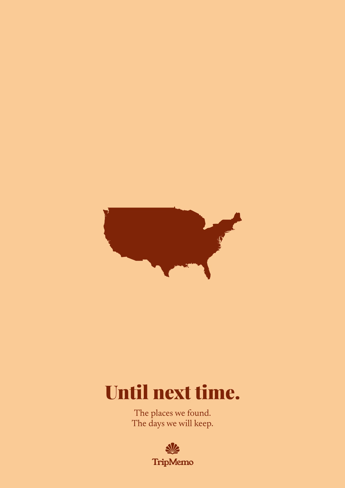 Back of the Vermont photo book: an outline of the United States above the words "Until next time." and the TripMemo mark