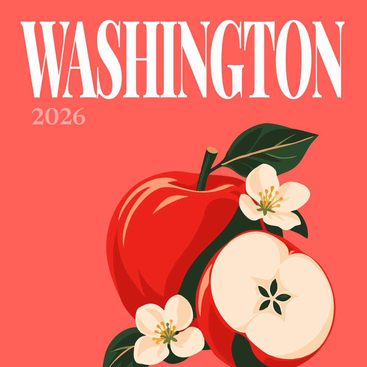 Washington illustrated square photo book cover with red apples and apple blossom on red