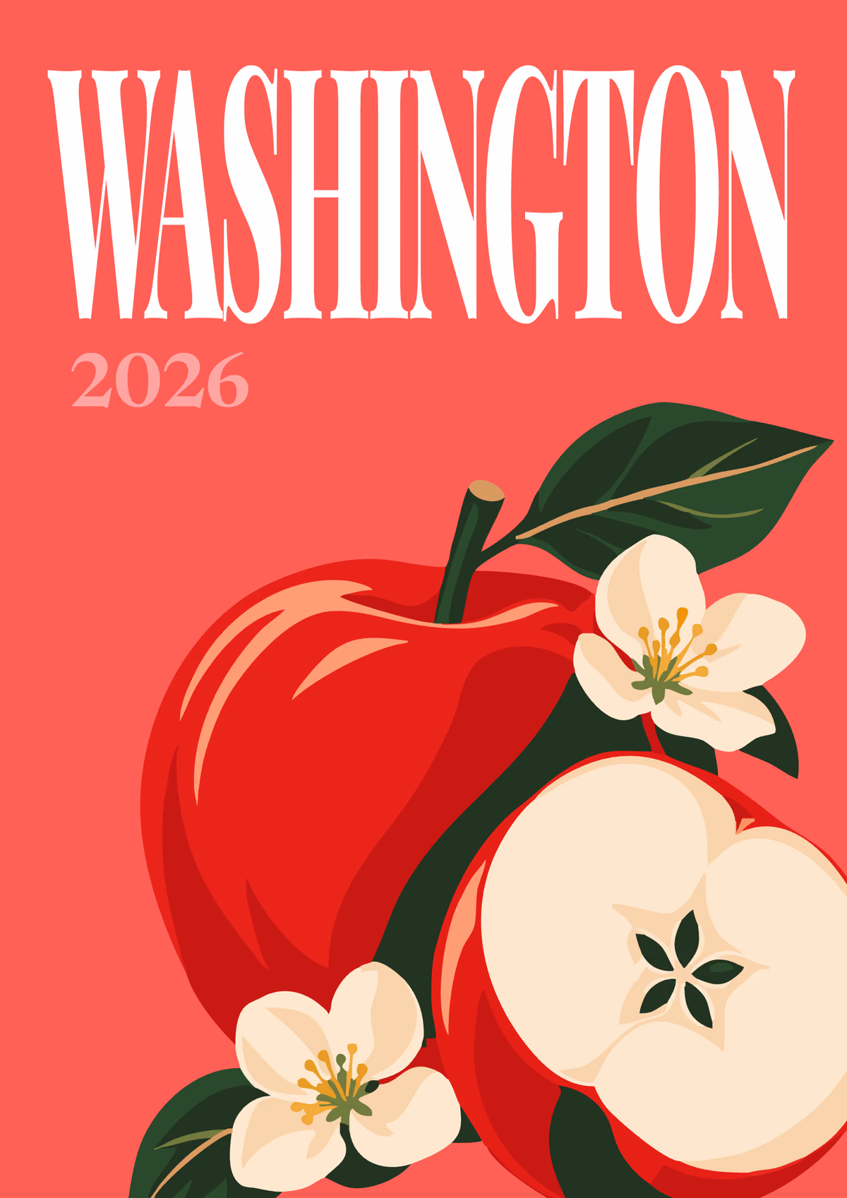 Washington illustrated travel photo book cover with red apples and apple blossom on red