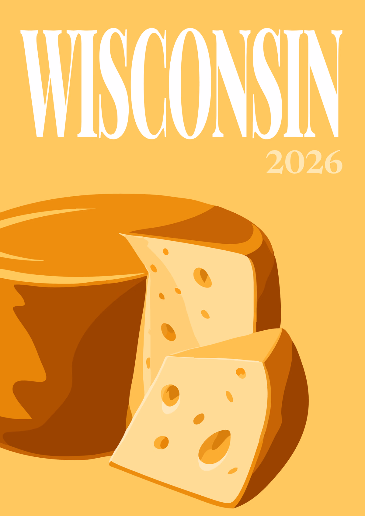Wisconsin illustrated travel photo book cover with a wheel of cheese on yellow