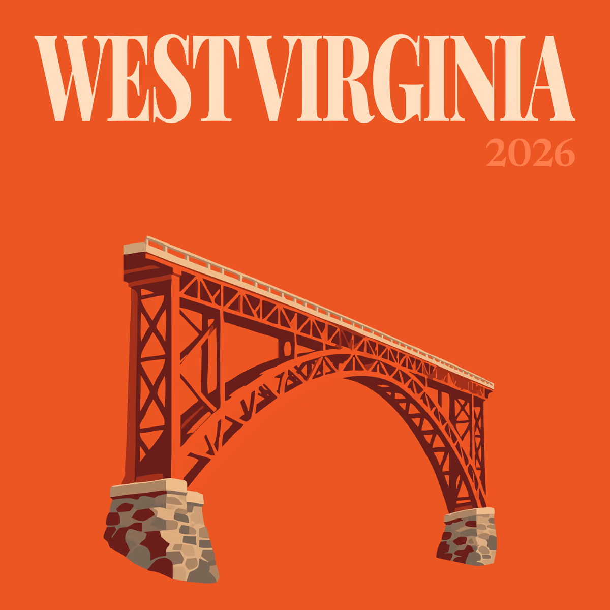 West Virginia illustrated square photo book cover with a steel arch bridge on orange