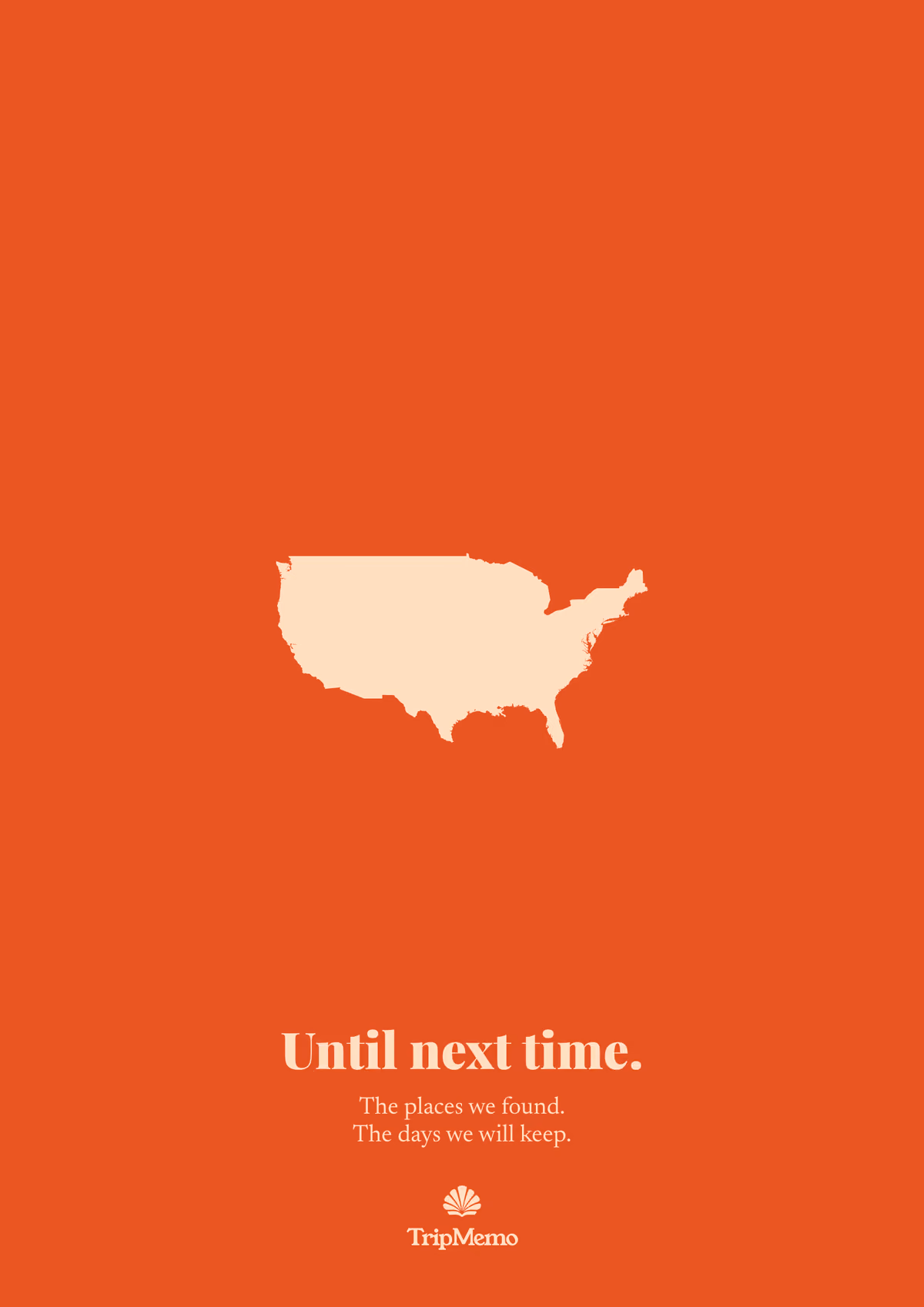 Back of the West Virginia photo book: an outline of the United States above the words "Until next time." and the TripMemo mark