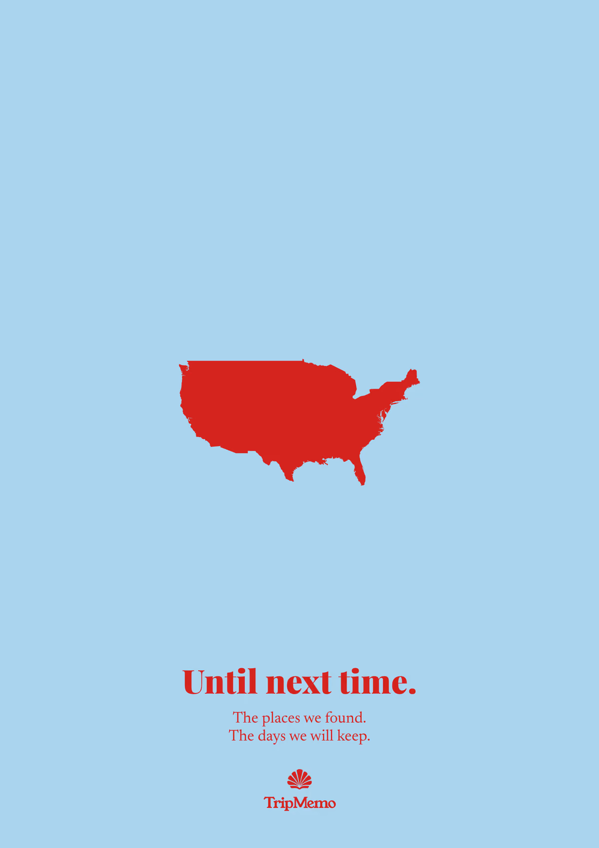 Back of the USA photo book: an outline of the United States above the words "Until next time." and the TripMemo mark