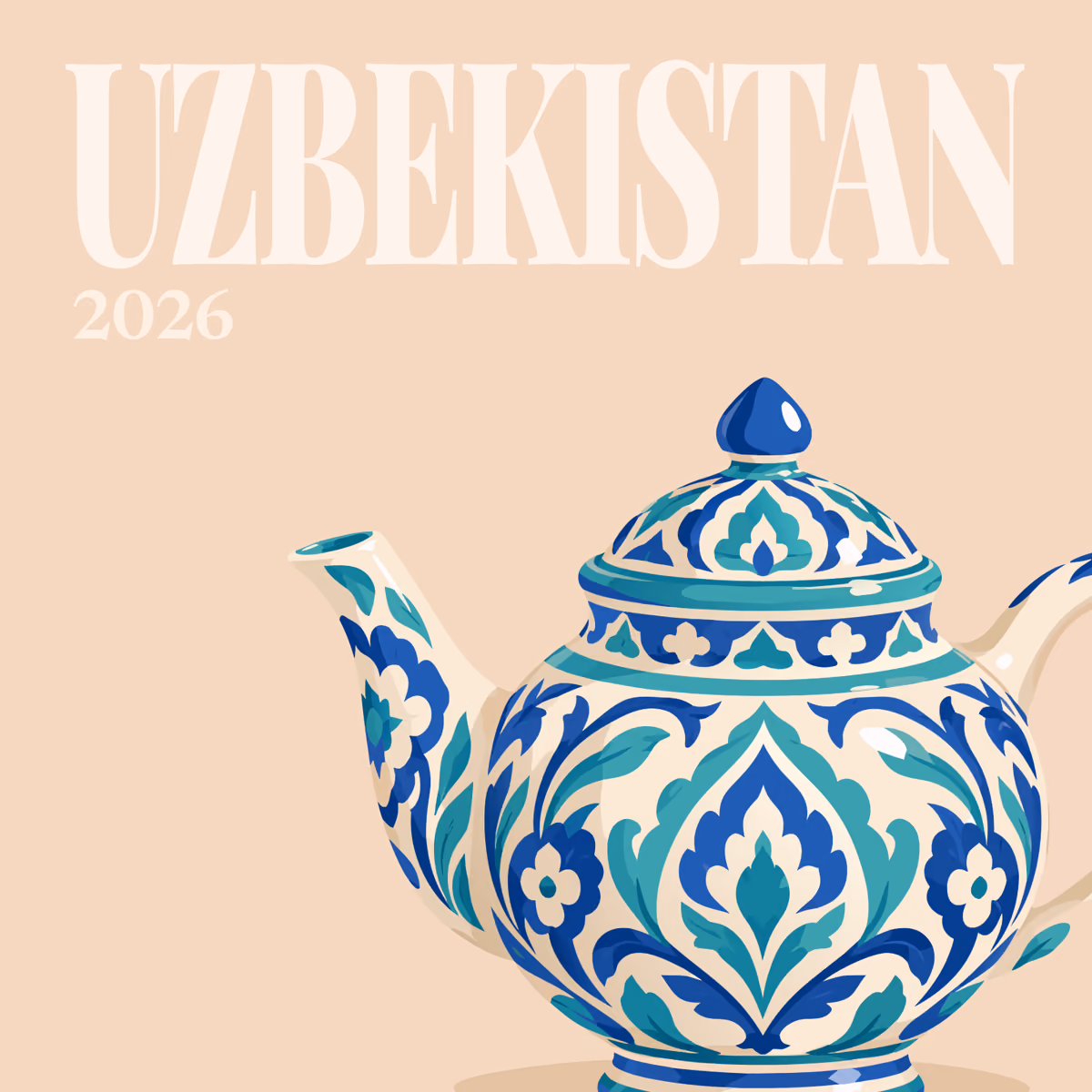 Uzbekistan illustrated square photo book cover with the blue Rishtan teapot artwork