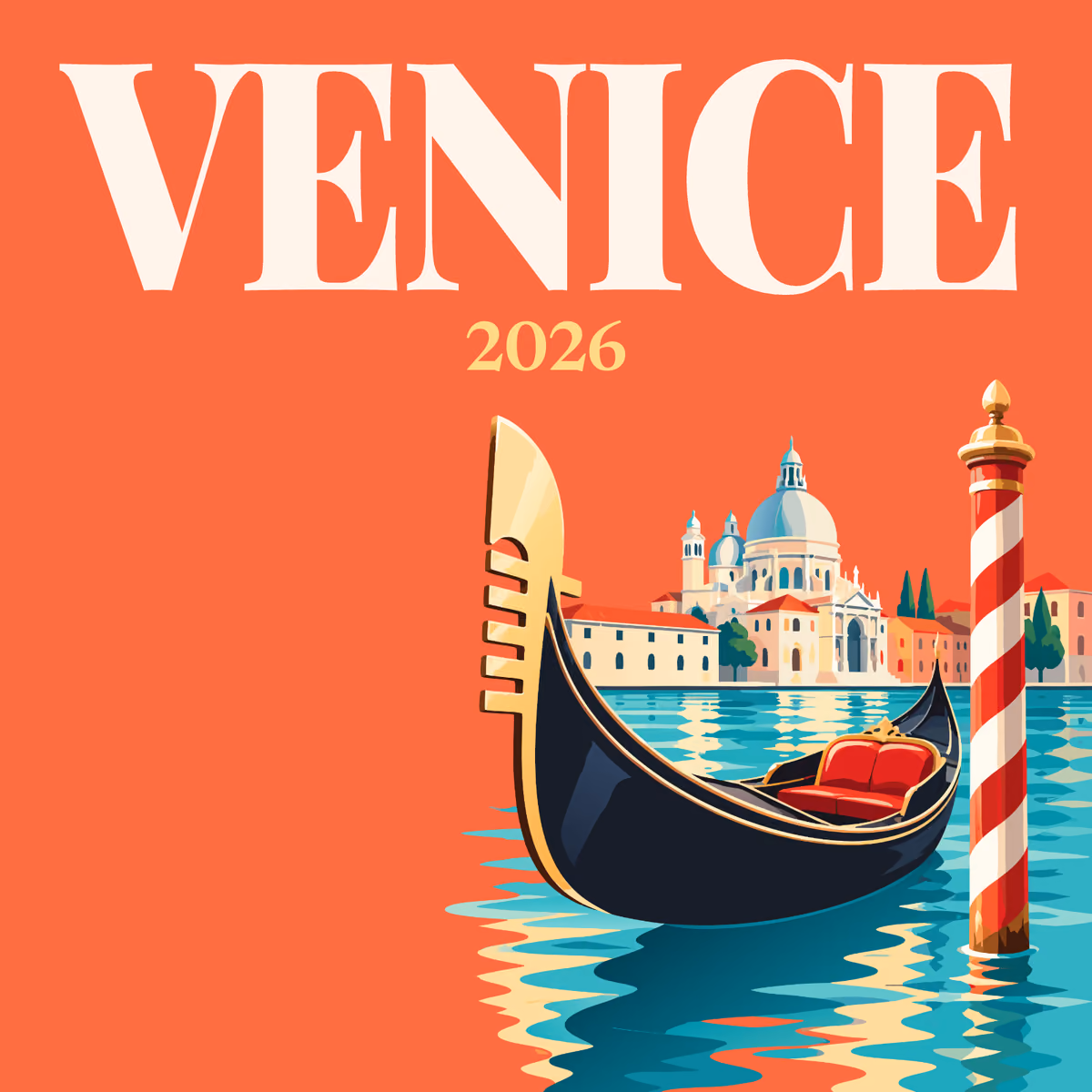 Venice illustrated square photo book cover with the gondola and mooring pole artwork