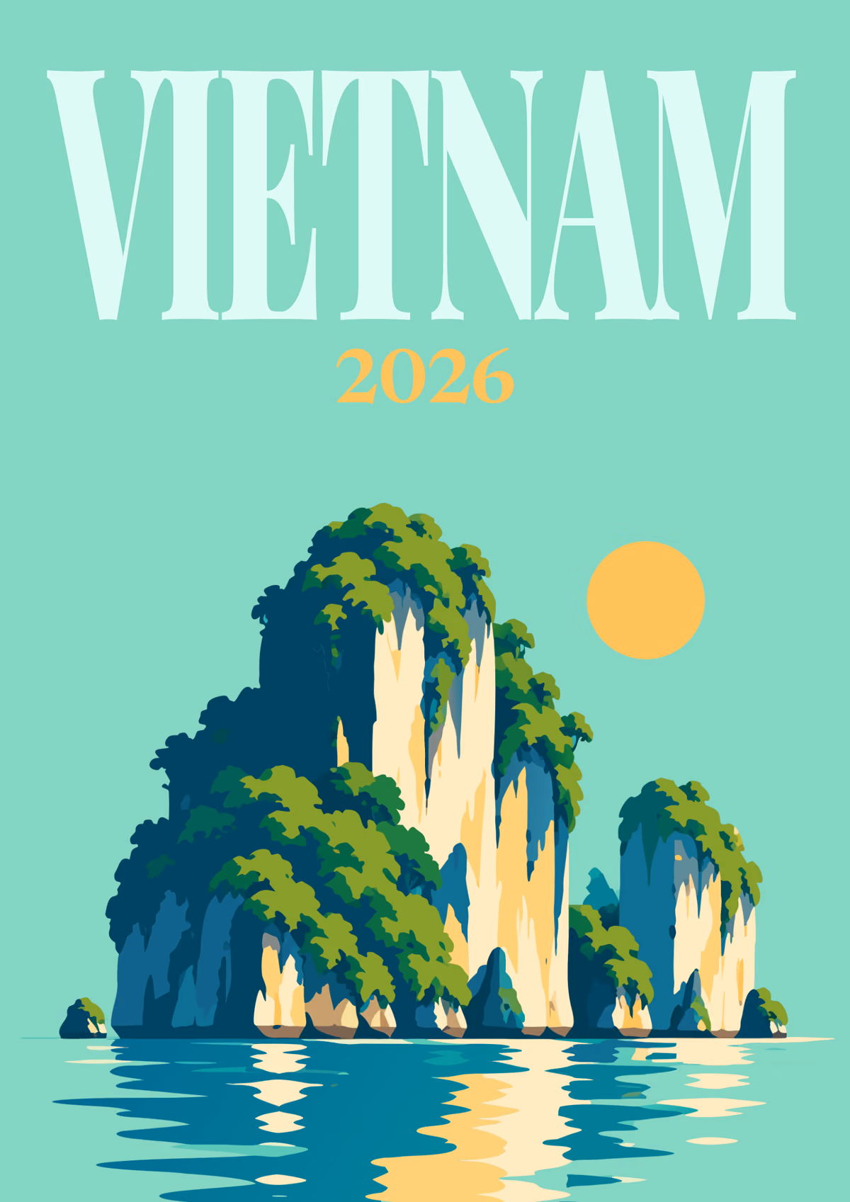 Vietnam illustrated travel photo book cover with the karst bay artwork