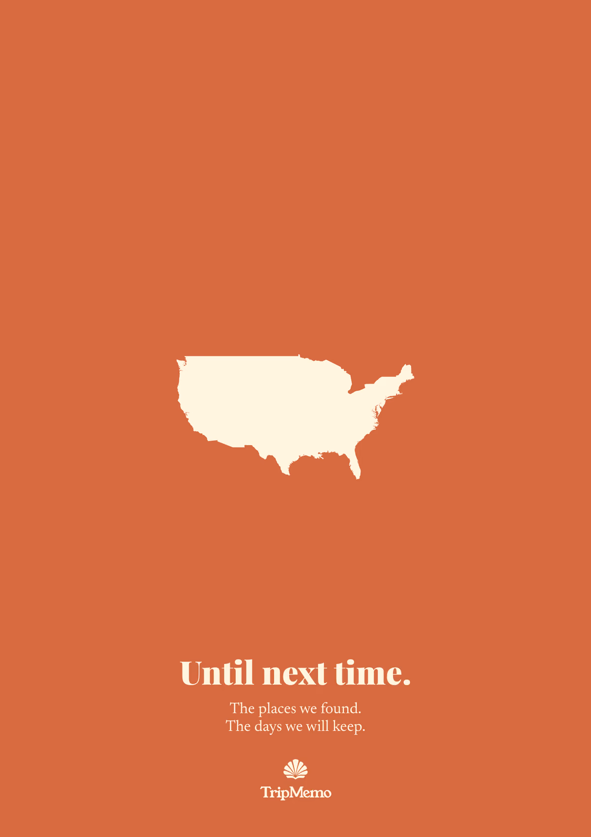 Back of the Wyoming photo book: an outline of the United States above the words "Until next time." and the TripMemo mark