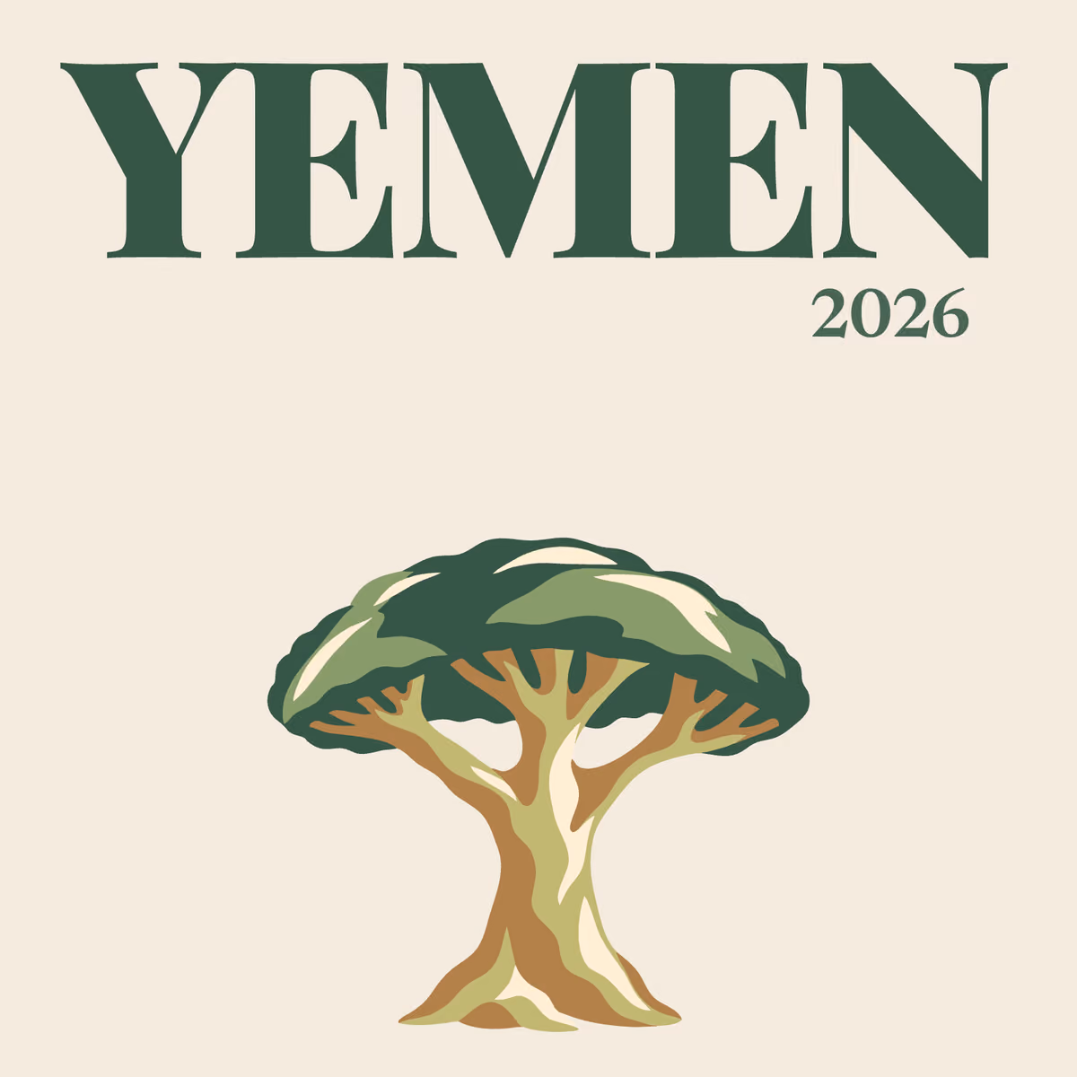 Yemen illustrated square photo book cover with a dragon's blood tree on cream
