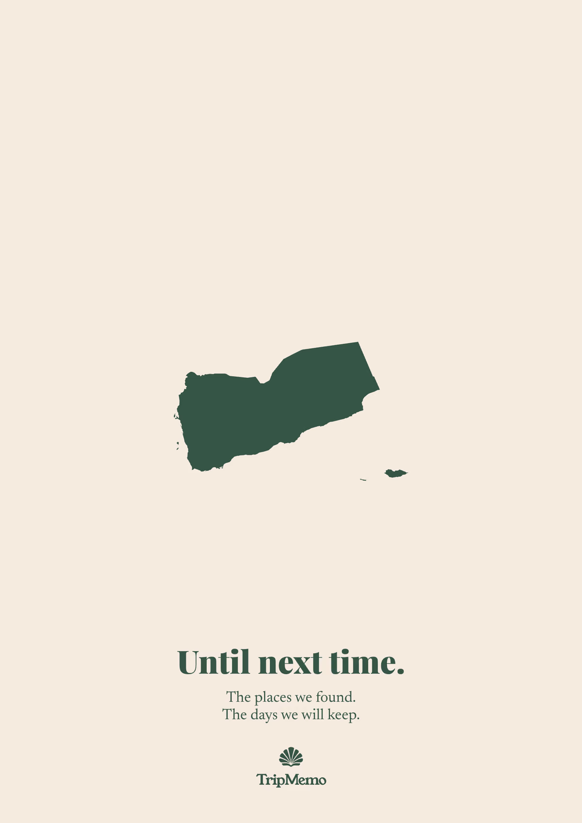 Back of the Yemen photo book: an outline of Yemen above the words "Until next time." and the TripMemo mark