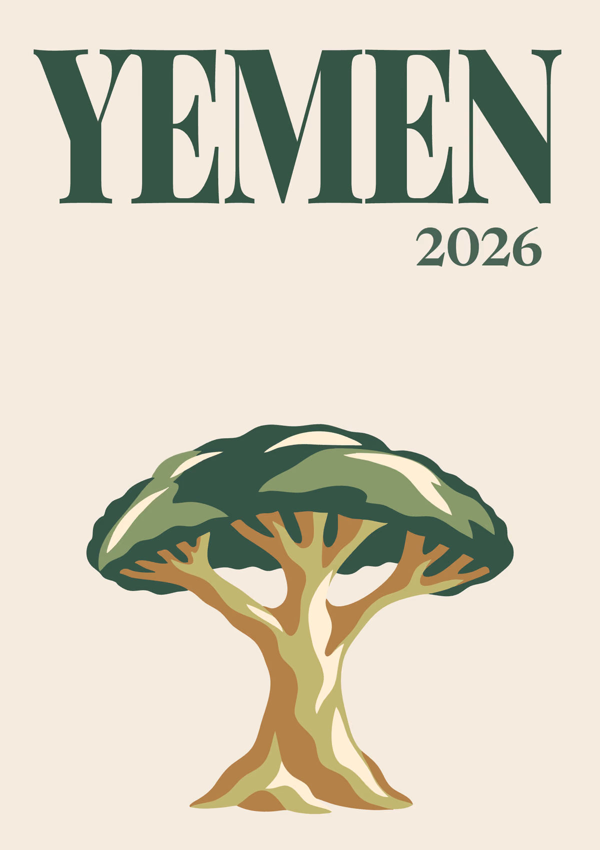Yemen illustrated travel photo book cover with a dragon's blood tree on cream