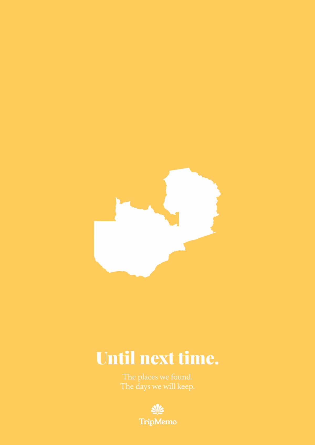 Back of the Zambia photo book: an outline of Zambia above the words "Until next time." and the TripMemo mark