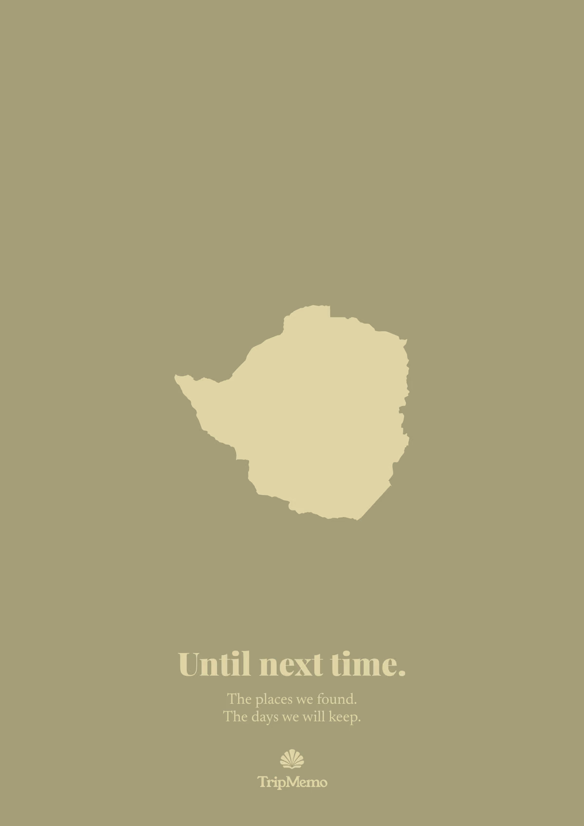 Back of the Zimbabwe photo book: an outline of Zimbabwe above the words "Until next time." and the TripMemo mark