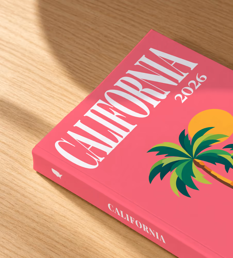 California softcover photo book with an illustrated cover of palm trees and a low sun on pink, lying on an oak desk in dappled afternoon sunlight
