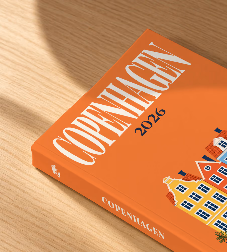 Copenhagen softcover photo book with an illustrated cover of the colourful Nyhavn houses, lying on an oak desk in dappled afternoon sunlight