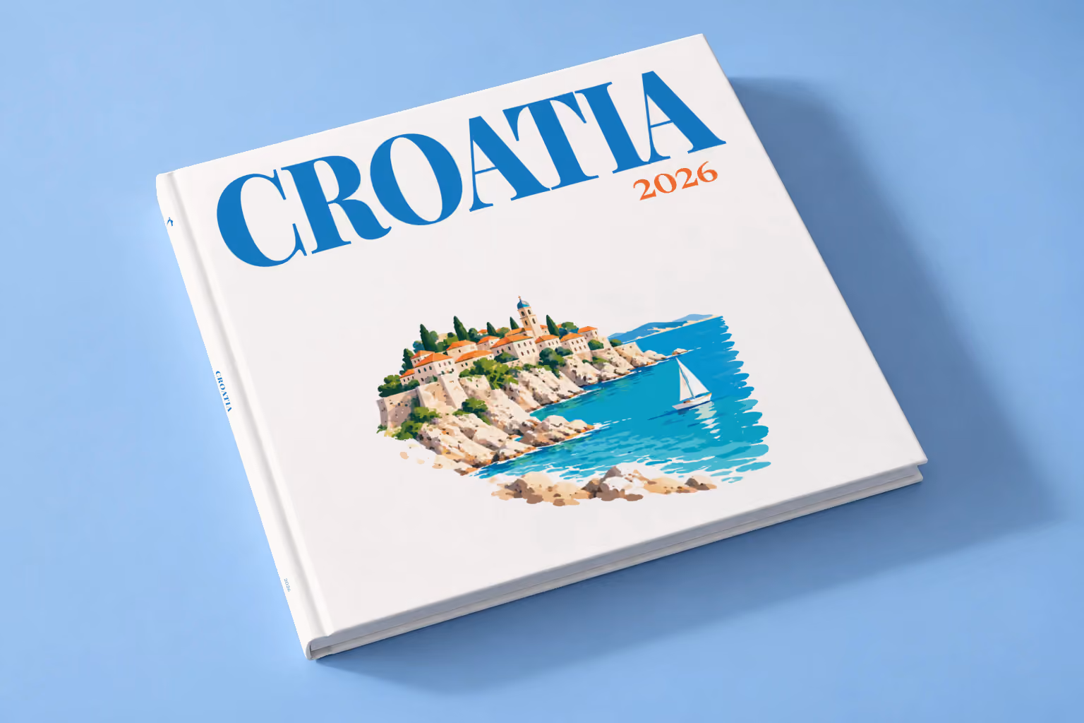 Croatia hardcover photo book with an illustrated cover of an Adriatic old town and sailing boat, lying on a pale blue studio backdrop