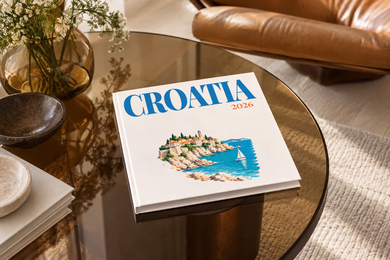 Croatia hardcover photo book with an illustrated cover of an Adriatic old town and sailing boat, on a smoked glass coffee table beside a leather armchair in warm afternoon light