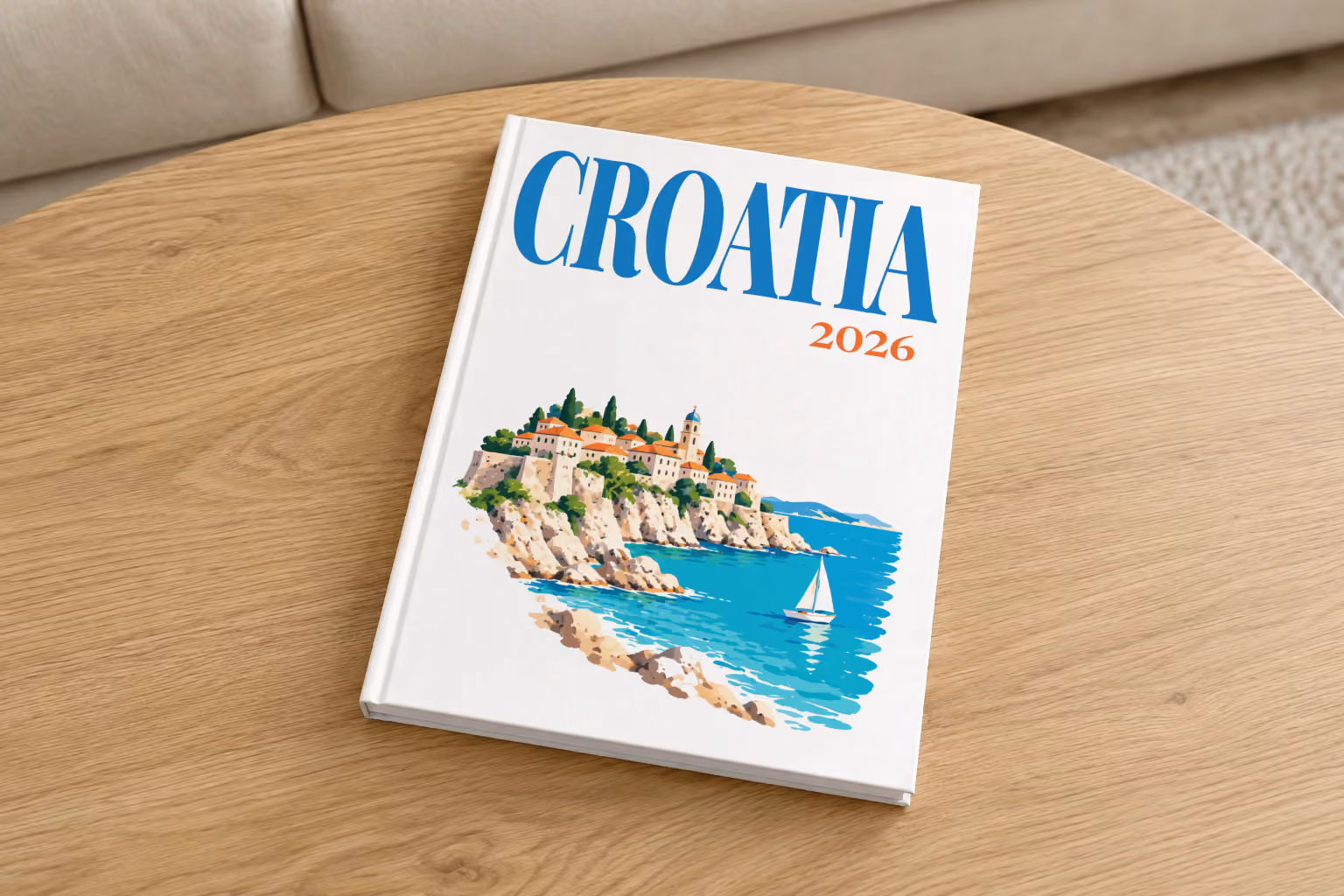 Croatia hardcover photo book with an illustrated cover of an Adriatic old town and sailing boat, on a round oak coffee table in a bright living room