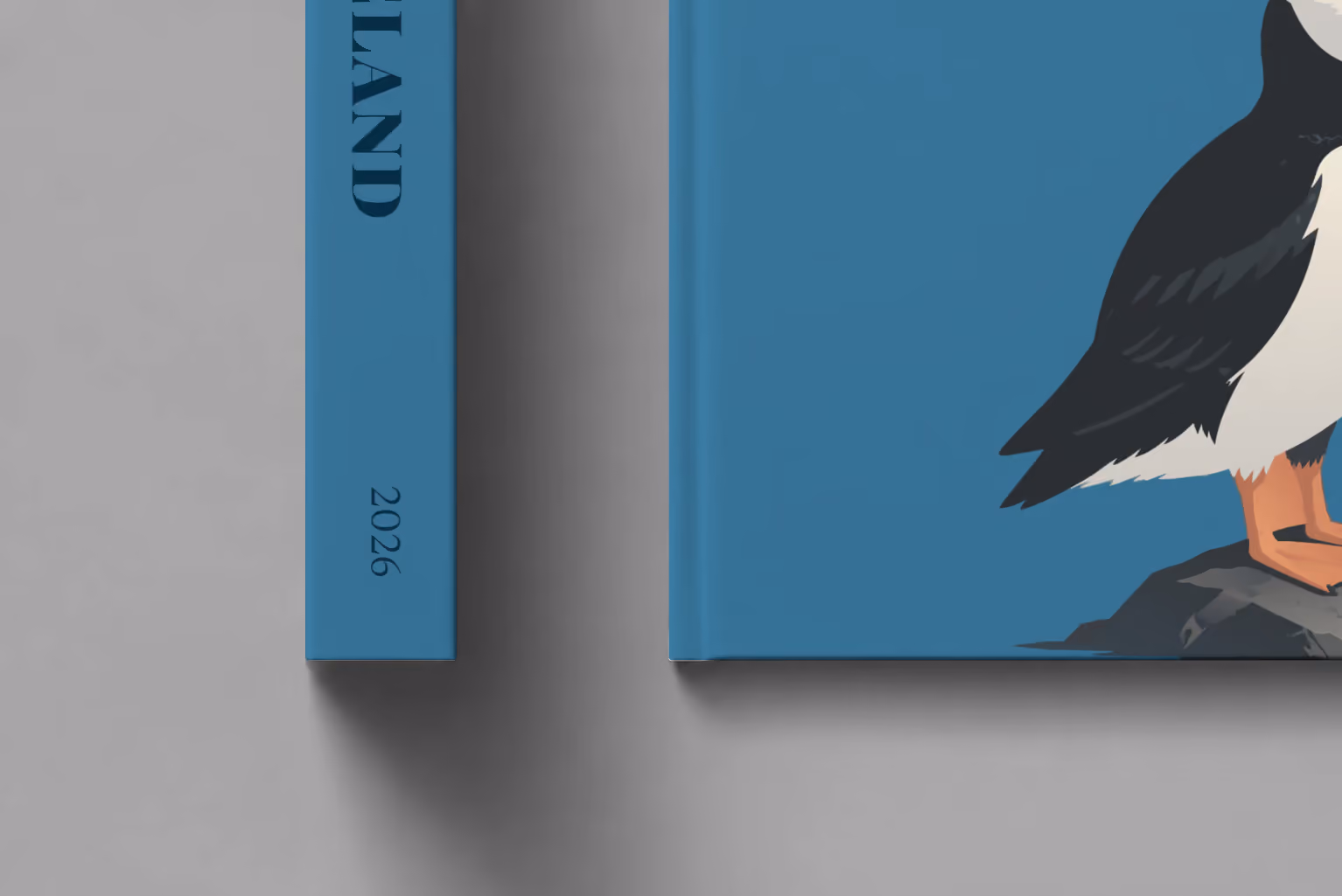 Iceland hardcover photo book with an illustrated cover of a puffin on a rock, shown close up beside its spine on a pale grey studio surface