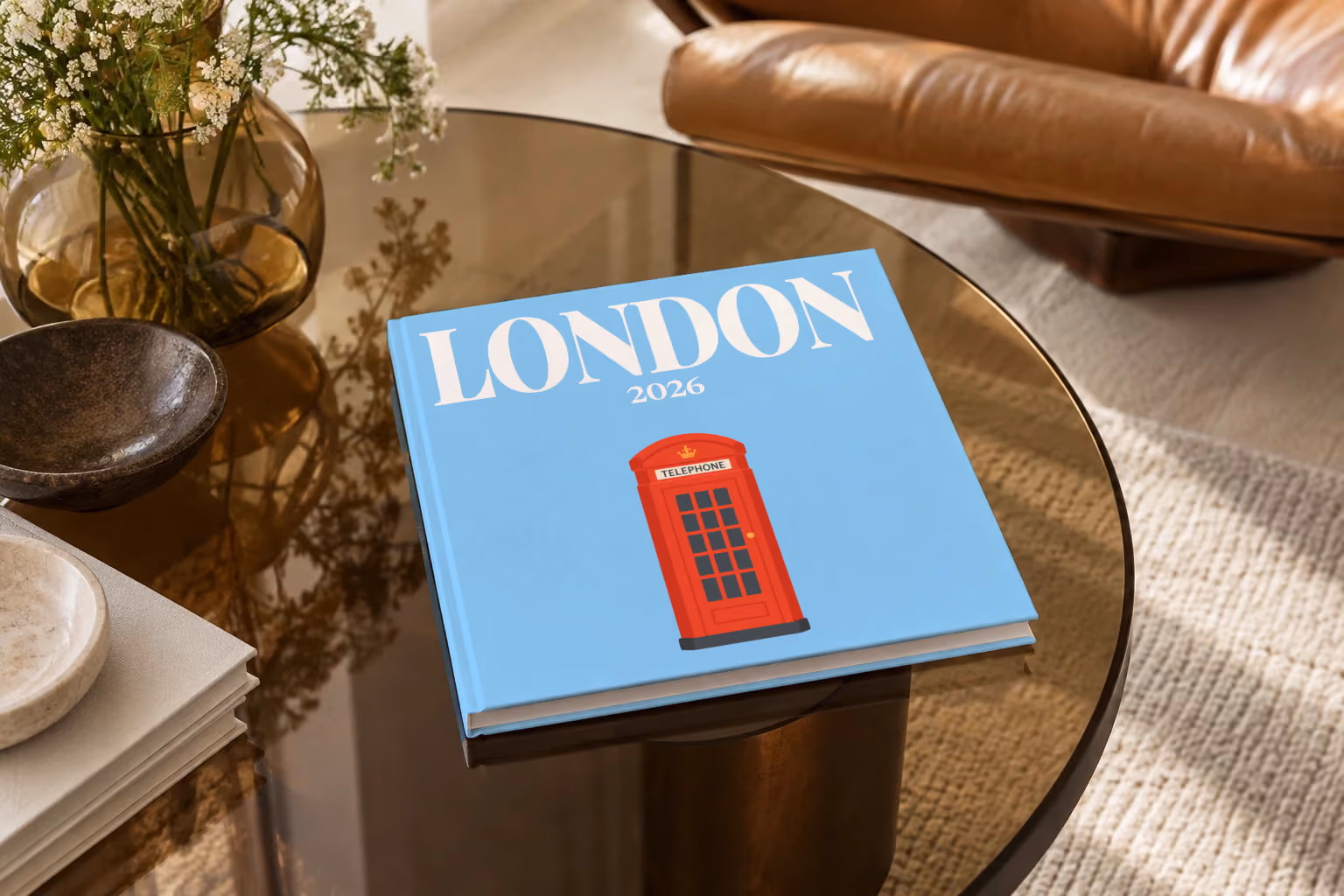 London hardcover photo book with an illustrated cover of a red telephone box, on a smoked glass coffee table beside a leather armchair in warm afternoon light