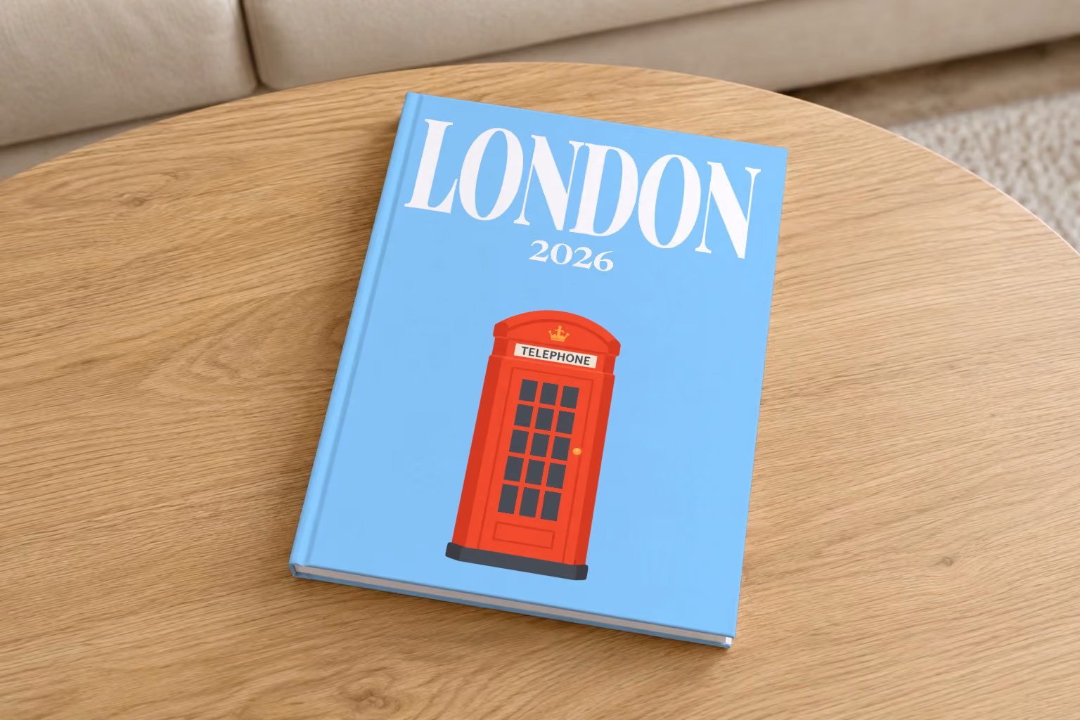 London hardcover photo book with an illustrated cover of a red telephone box, on a round oak coffee table in a bright living room