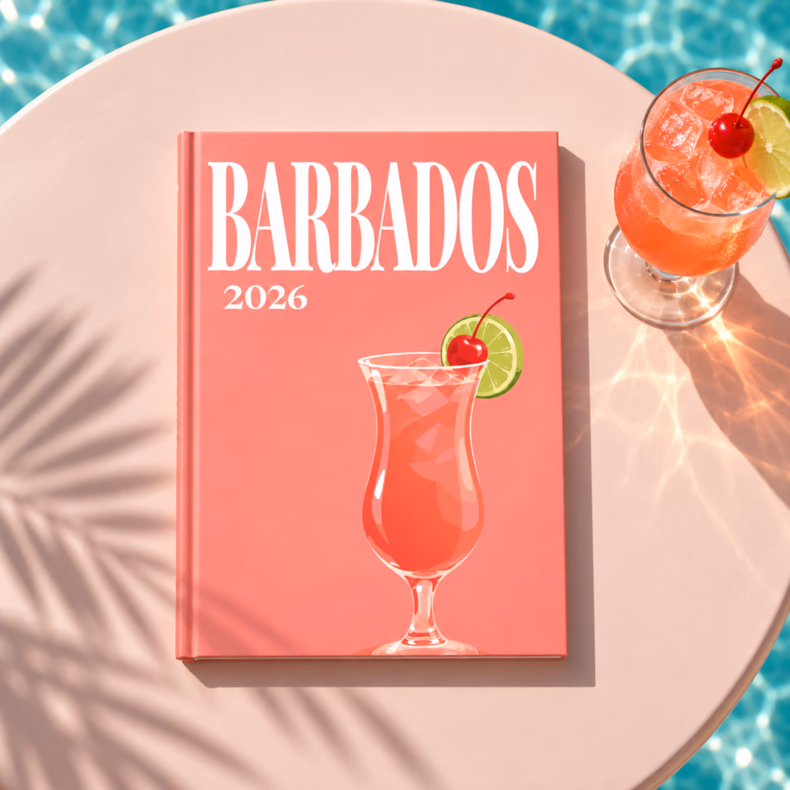 A coral Barbados travel photo book with an illustrated rum punch cover, on a pink table by a swimming pool